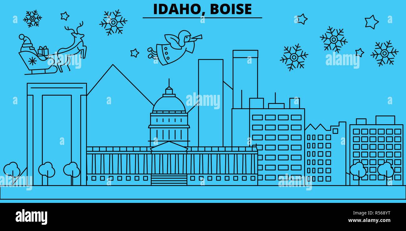 Stati Uniti Boise vacanze invernali skyline. Buon Natale e Felice Anno Nuovo banner decorati con Babbo Natale.Stati Uniti Boise lineare città natale vettore illustrazione piatta Illustrazione Vettoriale