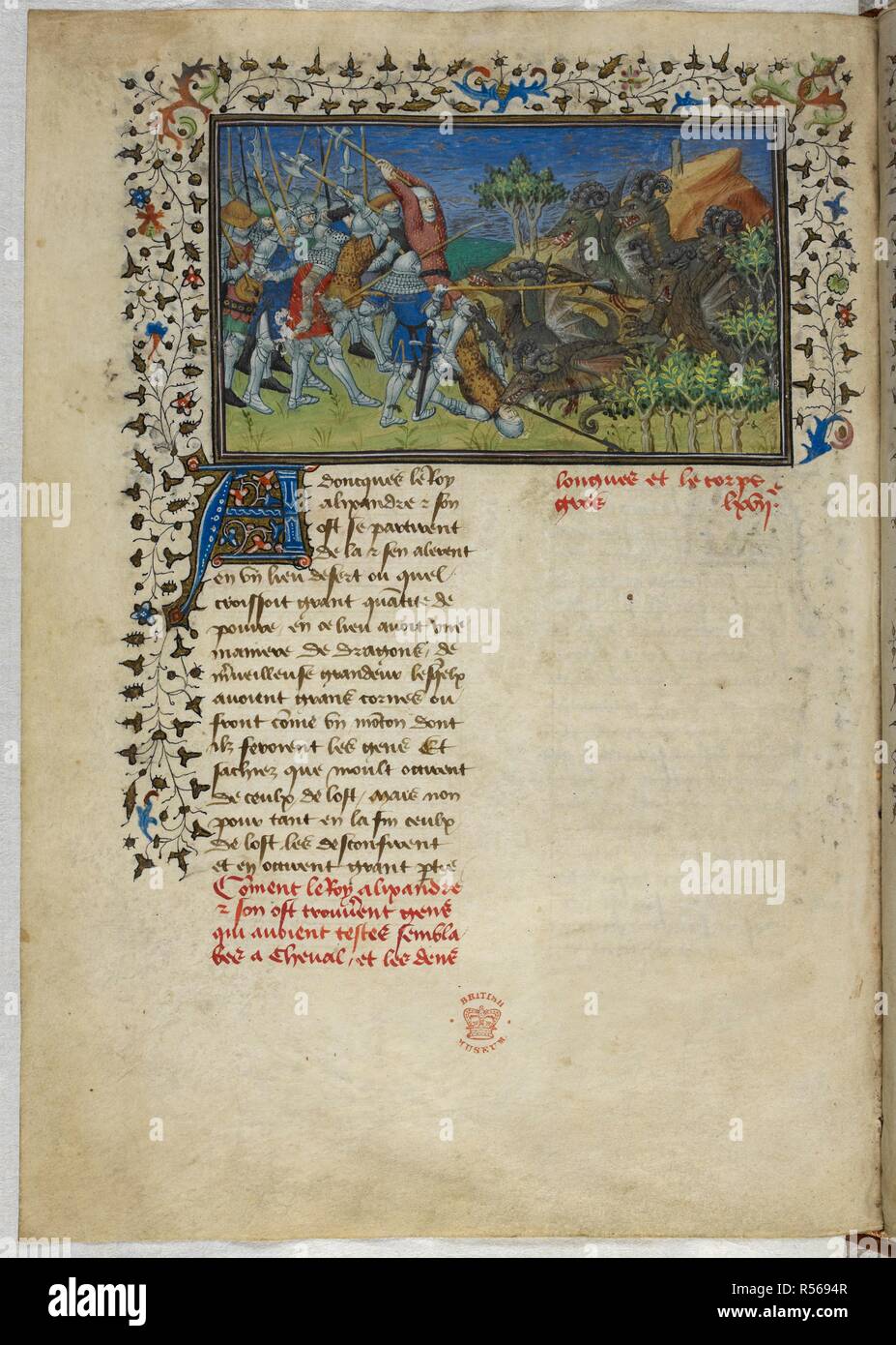Miniatura di Alexander's battaglia con pecore-cornuto draghi. Historia de proelis in una traduzione in francese (Le Livre et le vraye hystoire du bon roy Alixandre). Francia, Centrale (Parigi); c.1420. Fonte: Royal 20 B. XX, f.78v. Lingua: Francese. Foto Stock
