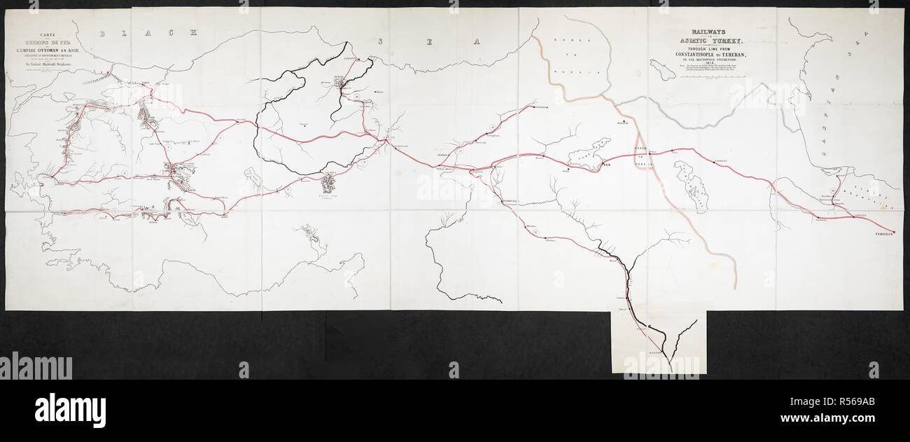 Una mappa delle ferrovie in Turchia asiatica. Ferrovie in Turchia asiatica ... Da Sir M. Stephenson ... Statuto miglia, 100[ = 160 mm.]. (Carte des Chemins de Fer de l'impero ottomano en Asie, etc). [Londra], 1878. Fonte: Mappe 46986.(3.). Lingua: Inglese e Francese. Foto Stock