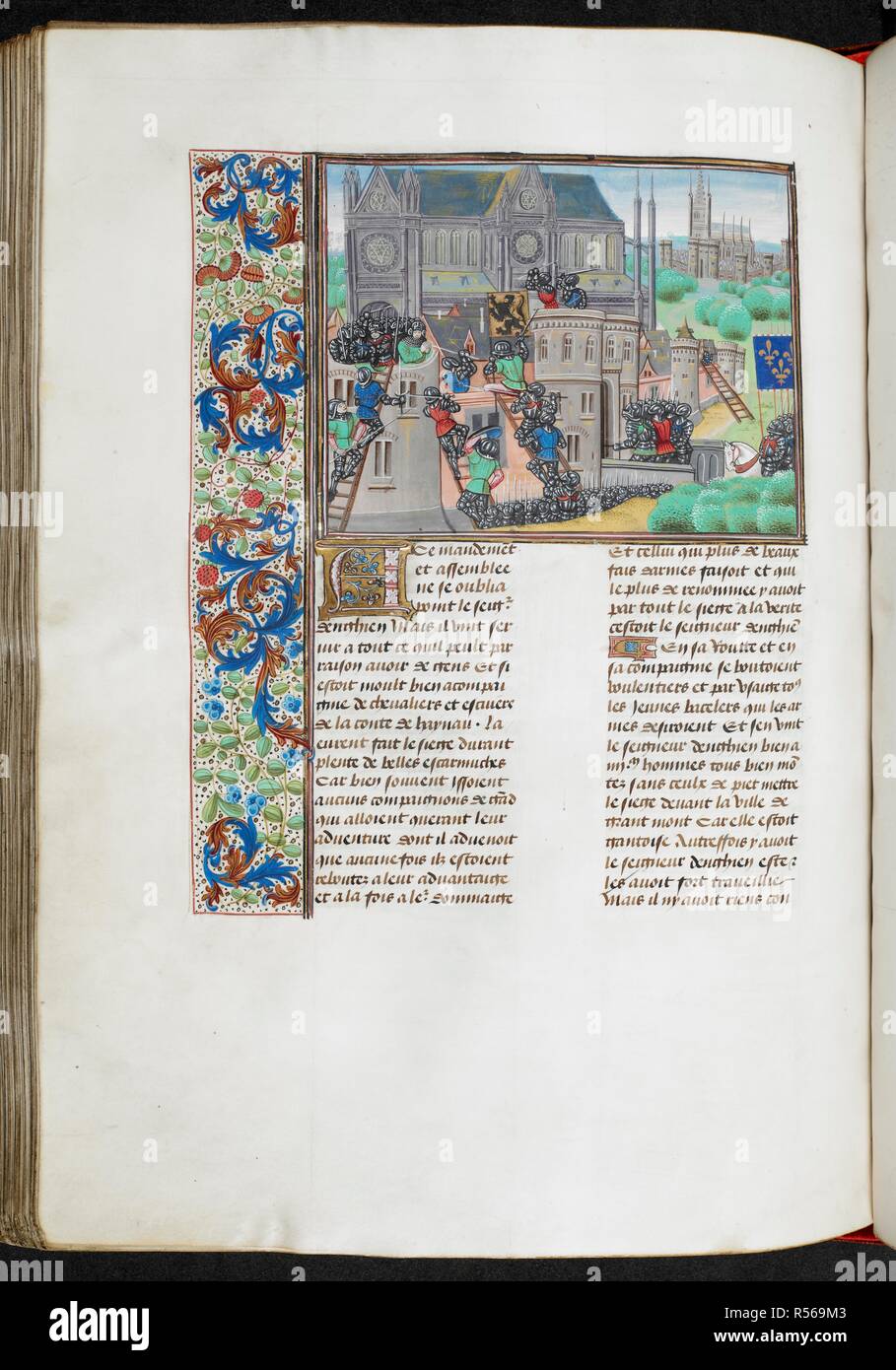 D' Enghien assediava Grandmont. Un esercito francese assediano la città. Testo e bordo floreale. Chroniques. Paesi Bassi, S. ultimo quarto del XV secolo, prima del 1483. Fonte: Royal 18 E. I f.185v volume 2. Lingua: Francese. Autore: Froissart, Jehan. Foto Stock