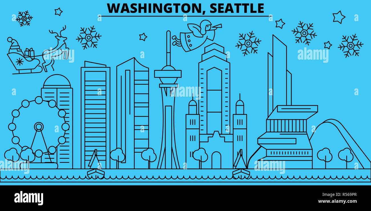Stati Uniti, Seattle vacanze invernali skyline. Buon Natale e Felice Anno Nuovo banner decorati con Babbo Natale.Stati Uniti, Seattle lineare città natale vettore illustrazione piatta Illustrazione Vettoriale