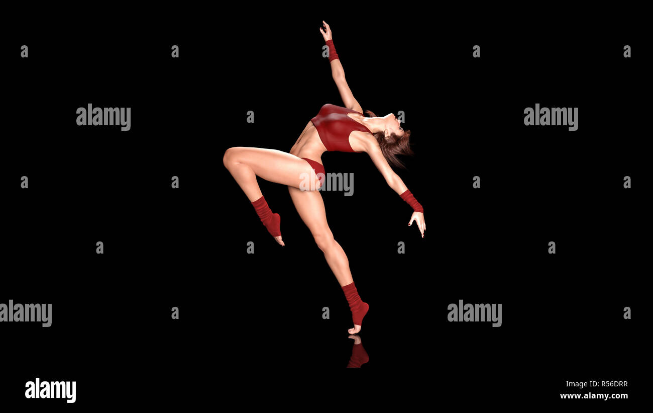 Dancing atleta donna, montare ballerina in abbigliamento sportivo che posano su sfondo nero, rendering 3D Foto Stock