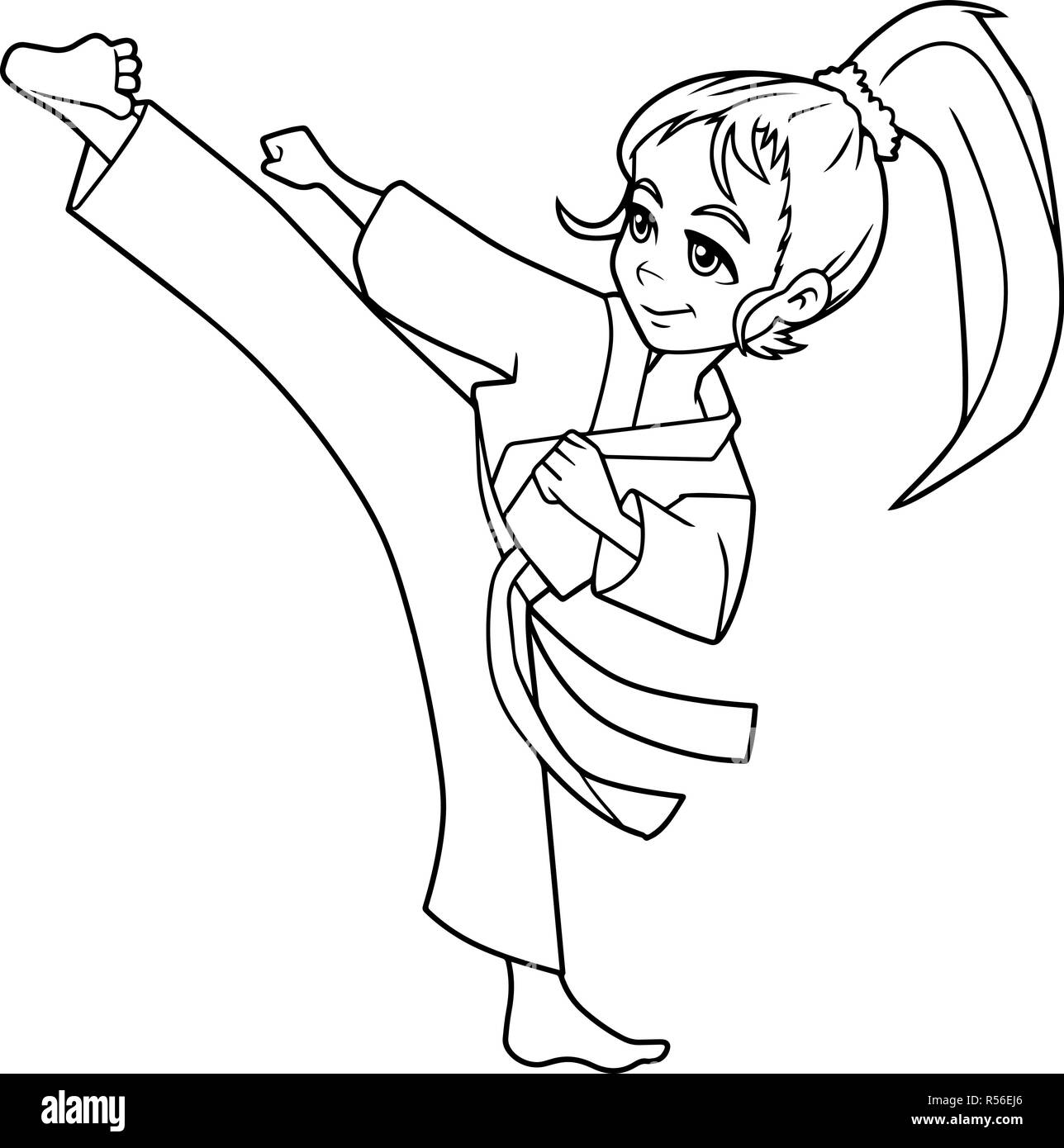 Il Karate Kick Girl Line Art Illustrazione Vettoriale