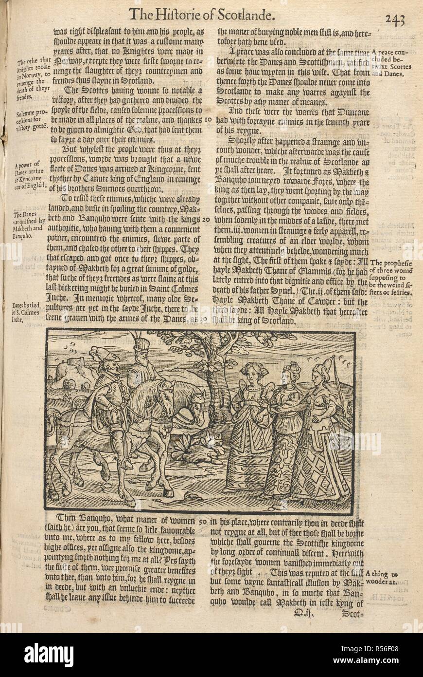 La xilografia mostra la riunione del Macbeth e Banquo con le tre sorelle strano chi profetizza Macbethâ€™s futuro come Thane di Cawdor e poi re di Scozia, che è la sorgente immediata per la trama del gioco "acbeth.". La firste volume delle cronache di Inghilterra, Scotlande e Irelande, conteyning descrizione e cronache di Inghilterra, dal primo abitare fino alla conquista. La descrizione e le cronache di Scozia, dal primo originall della nazione Scottes, fino all'anno 1571. La descrizione e le cronache di Yrelande, dal firste originall, fino all'anno 1 Foto Stock