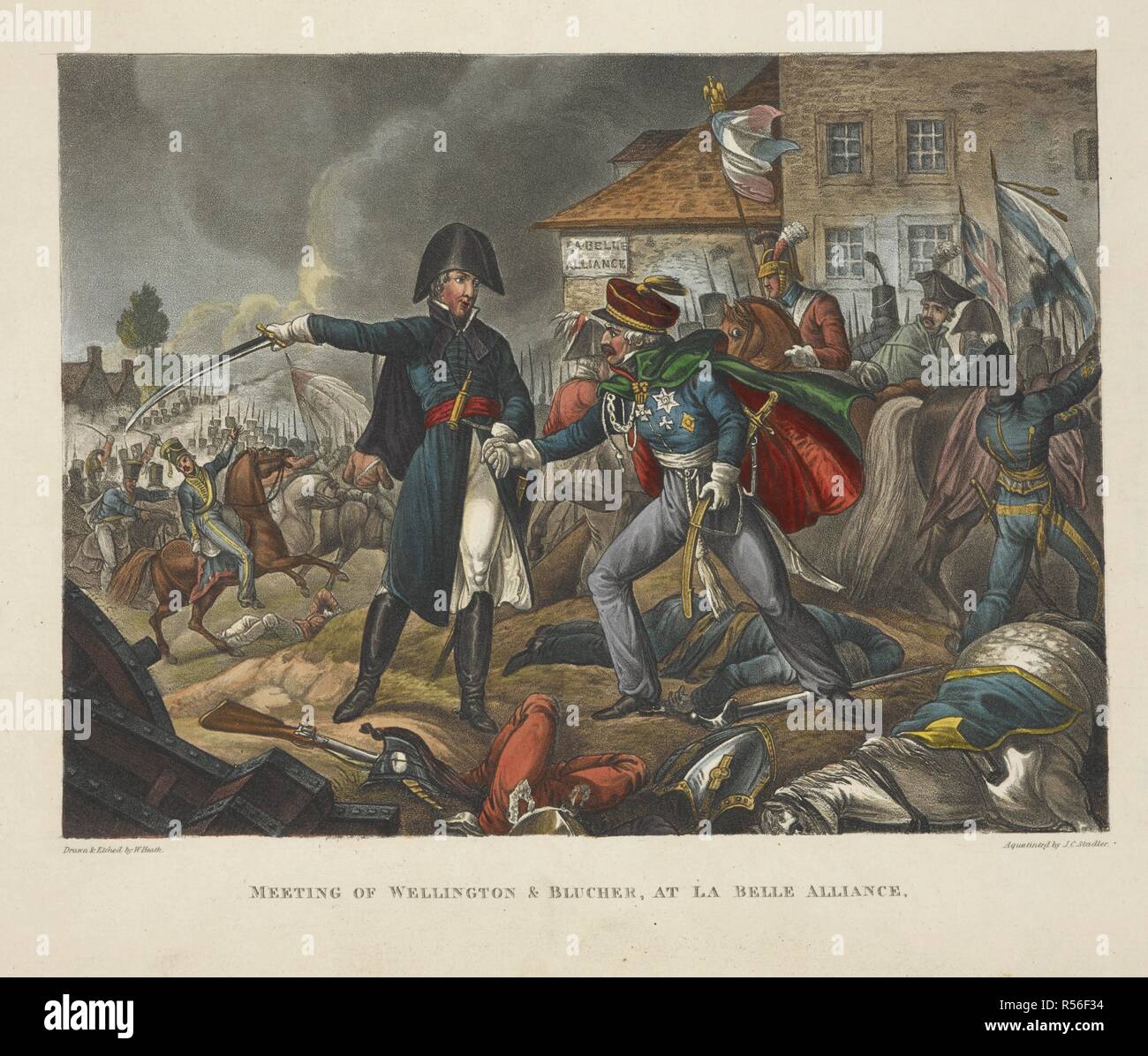 La riunione di Wellington e Blucher, presso la Belle Alliance, durante la Battaglia di Waterloo, 1815. La sconfitta delle truppe francesi di Napoleone Bonaparte. L'ultima grande battaglia delle guerre napoleoniche. Le guerre di Wellington, una poesia narrativa. Londra, 1819. Fonte: 838.m.7, opposta 172. Lingua: Inglese. Autore: Heath, William. Stadler, J. C. Foto Stock