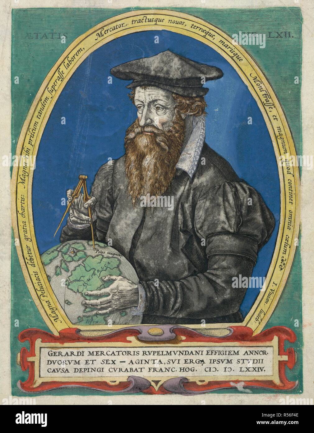 Gerardus Mercator (1512-94). Geografo fiammingo e map-maker. Ritratto. [Un ritratto di Gerardus Mercator, da Frans Hogenberg, 1574]. In: Italiae, Sclavoniae, et Graeciae tabule geographiÃ§e, per Gerardum Mercatorem. Duisburg, 1589. Fonte: maps.C.3.c.2, frontespizio. Lingue: Latina. Autore: HOGENBERG FRANZ. Foto Stock