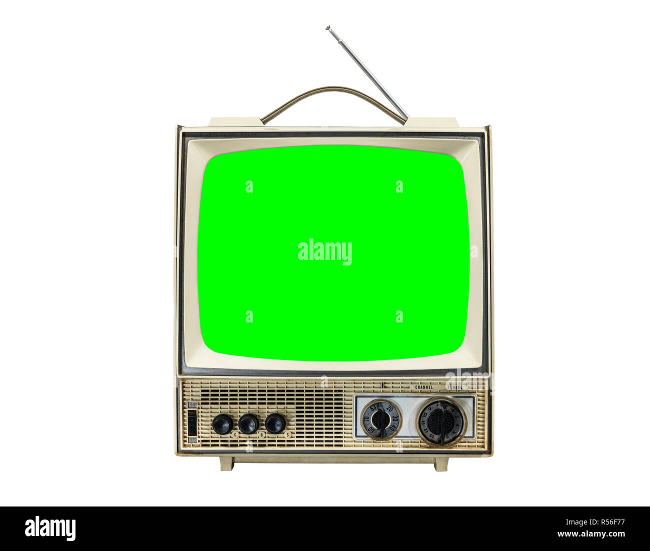 Grungy vintage televisore portatile isolato su bianco con chroma schermo verde. Foto Stock