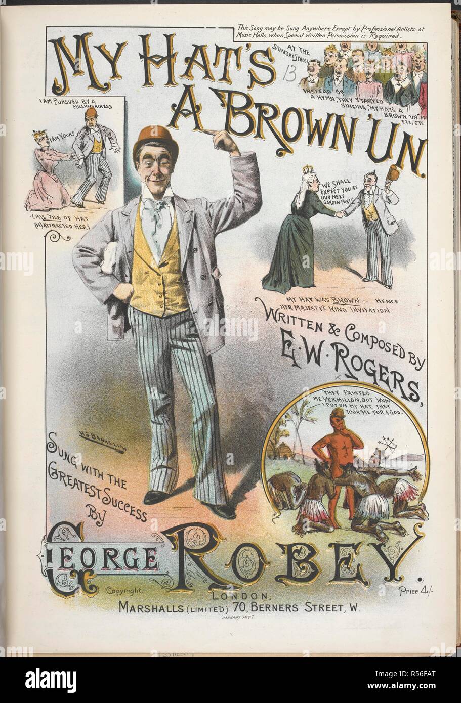 Coperchio di musica mostra George Robey eseguendo in 'My hat su un marrone 'ONU.' Sir George Robey, CBE (20 settembre 1869 â€" 29 novembre 1954),[1] nato George Edward Wade, era un comedian inglese, cantante e attore di teatro musicale, noto come uno dei più grandi music hall esecutori della fine del XIX secolo e gli inizi del XX secolo. Il mio cappello è un marrone 'ONU ... Scritto e composto da E. W. Rogers, ecc. <canzone. Organizzato da Alfred Lamont.>. Londra : Marshalls, [1891]. Fonte: H.3981.p.(13). Foto Stock