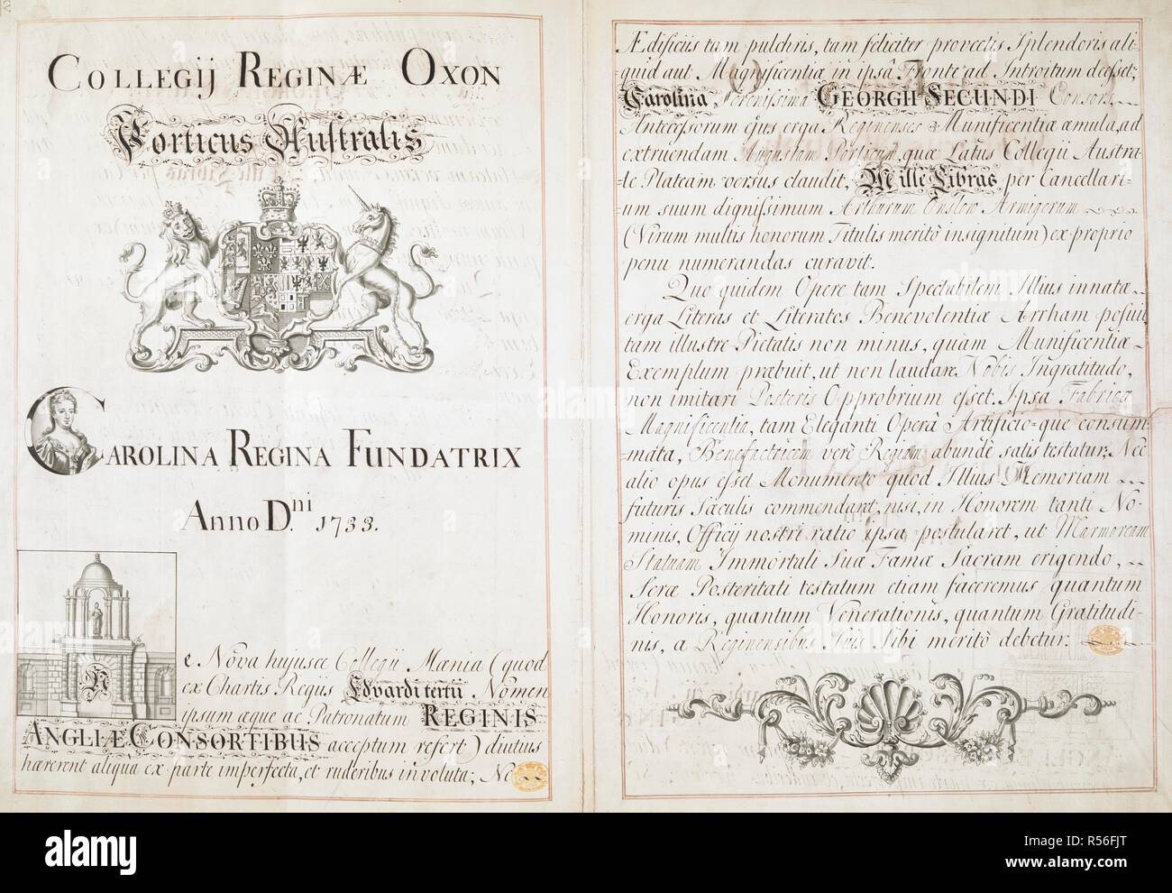 Un foglio manoscritto in inchiostro di china contrassegnando la donazione di â€1000 dalla Regina Carolina verso la costruzione del fronte sud di Queen's College nel 1733. Il foglio porta la regina Carolina stemma del un piccolo ritratto della regina Carolina nella lettera 'C' della Carolina, e un piccolo disegno della cupola e la statua di Caroline sopra l'arco d'ingresso. Collegij Reginae Oxon ; Porticus Australis. [Inghilterra] : [produttore non identificato], [circa 1733-1735]. Manoscritto. Fonte: Mappe K.Top.35.10.q. Lingue: Latina. Foto Stock