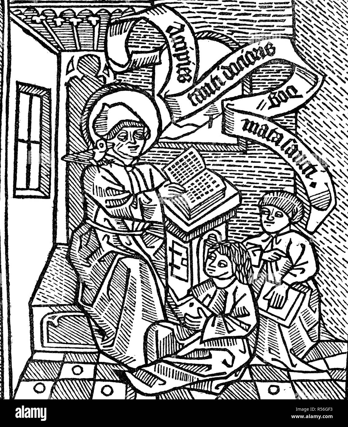 Maestro Tommaso d Aquino e due studenti, 1497, xilografia, Italia Foto Stock