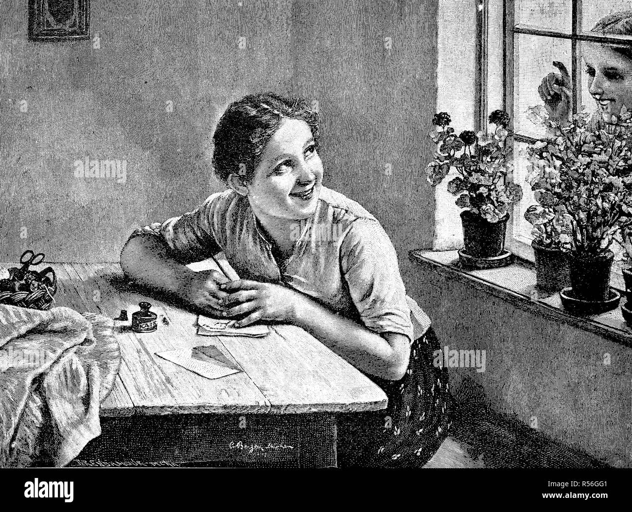 Lettera segreta, ragazza segretamente scrive una lettera, ragazza guarda attraverso la finestra, 1880, xilografia, Germania Foto Stock