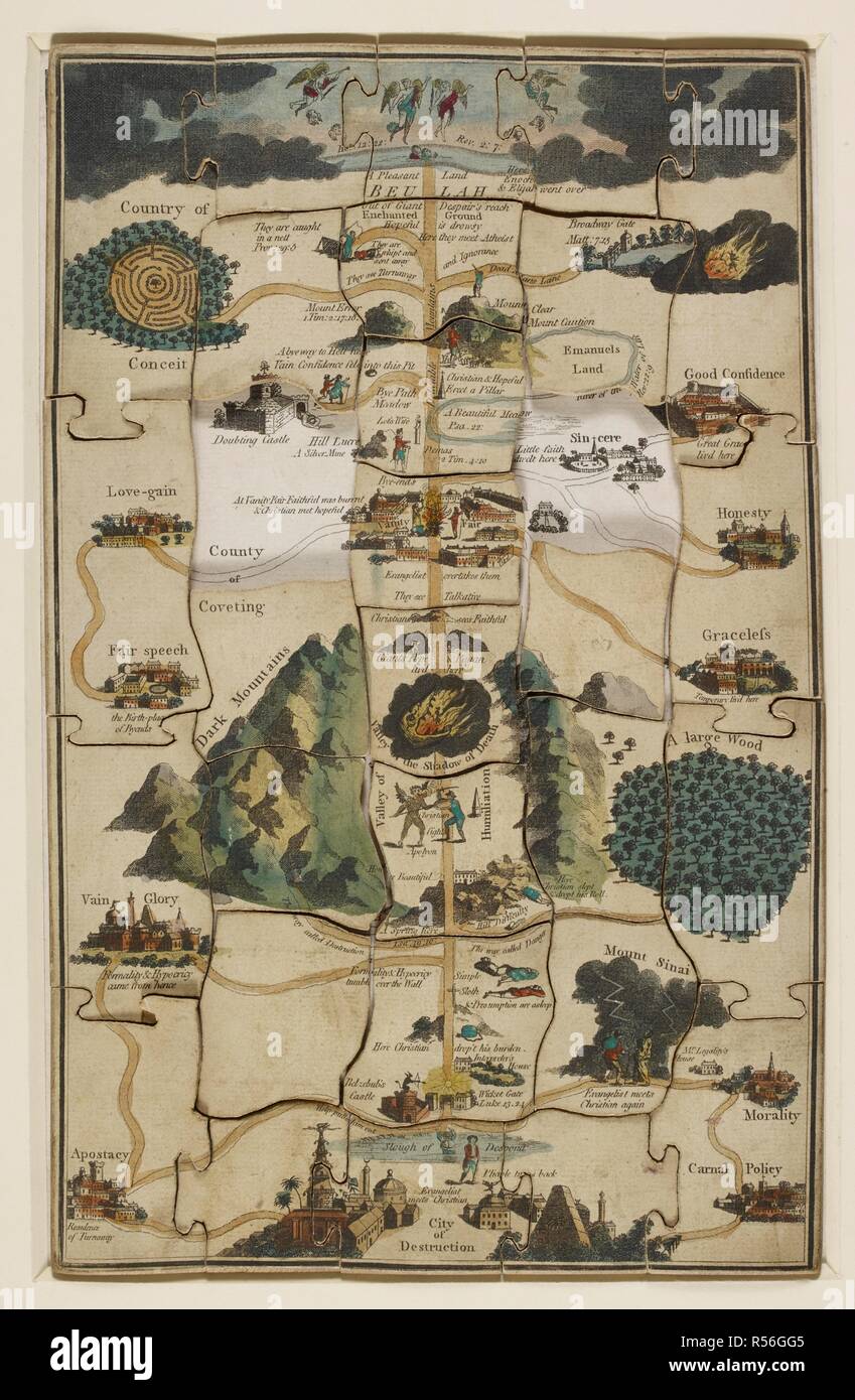 Una mappa allegorica del Pilgrim's Progress. Un puzzle. La Pilgrim's Progress dissezionati, o una vista completa di Christian viaggi, ecc. [Un inciso colorato puzzle, con un semplice tasto.]. Londra : John Wallis, ecc. ; Leeds : John Binns, 1790. Fonte: C.110.c.20. Lingua: Inglese. Autore: BUNYAN, John. Foto Stock