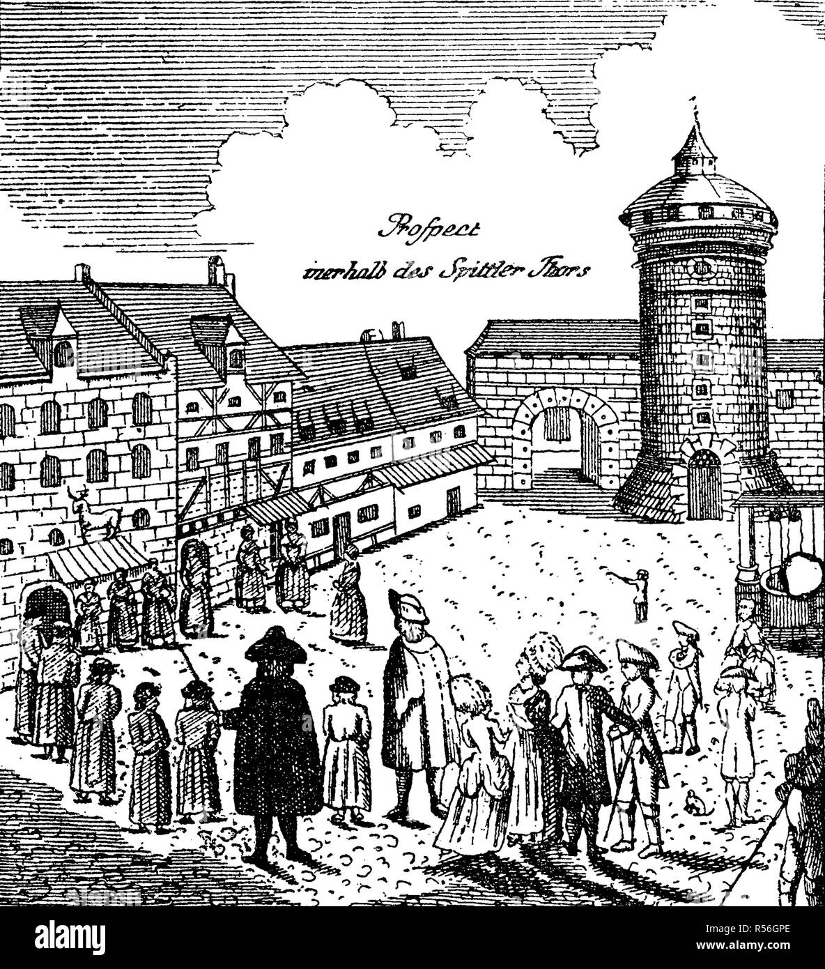 Intorno al canto del foundlings a Norimberga, 1750, dalla dogana pubblica a Norimberga, xilografia, Germania Foto Stock