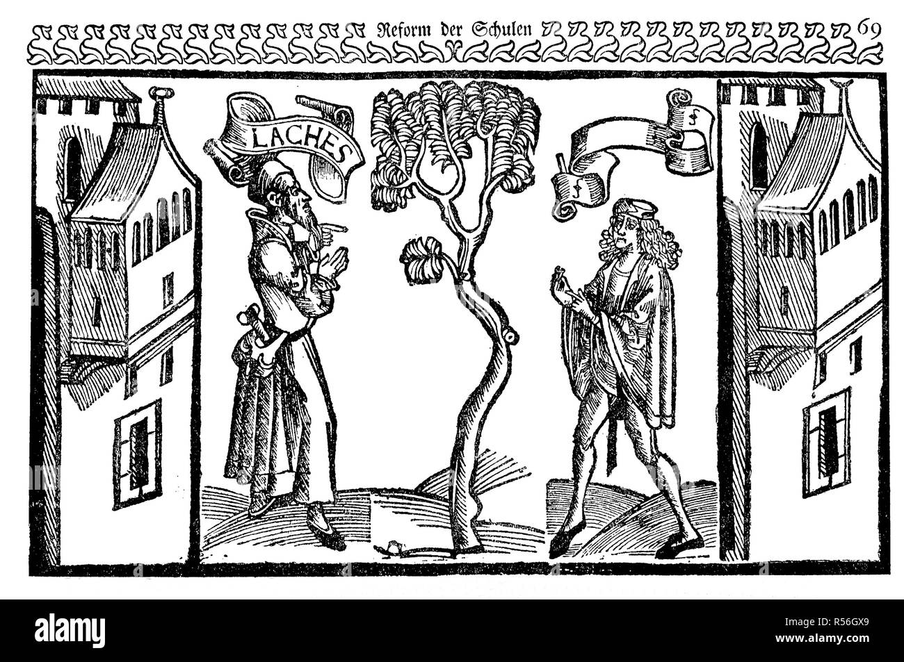 Scena di Eunuchus, Eunuco, una commedia scritta dal commediografo romano Terenzio, 1496, xilografia, Inghilterra Foto Stock