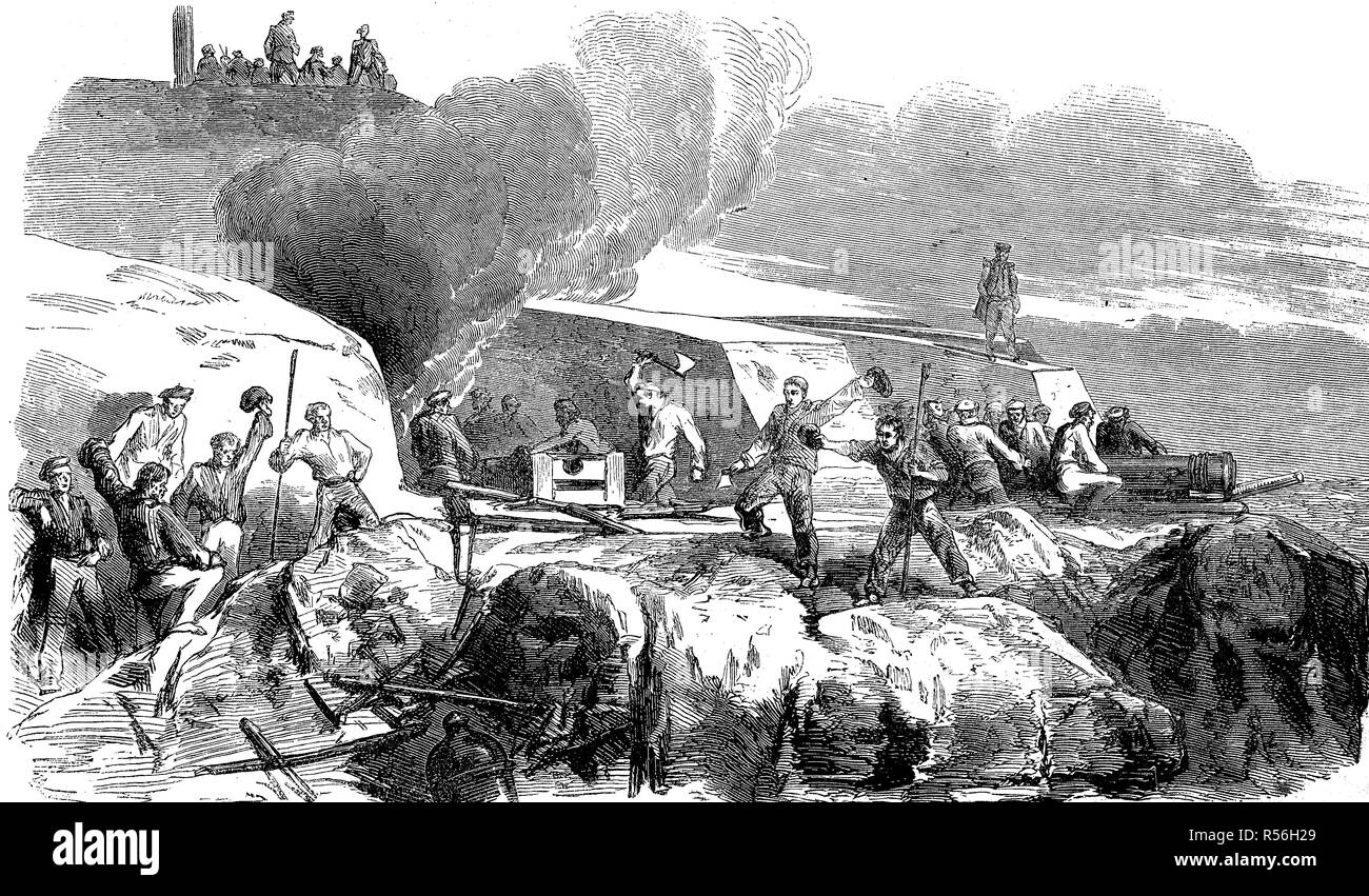 Guerra di Crimea, distruzione della batteria militare Ak-Burun, Capo Bianco, Kerch fortezza, forte Totleben, 1856, xilografia, Russia Foto Stock