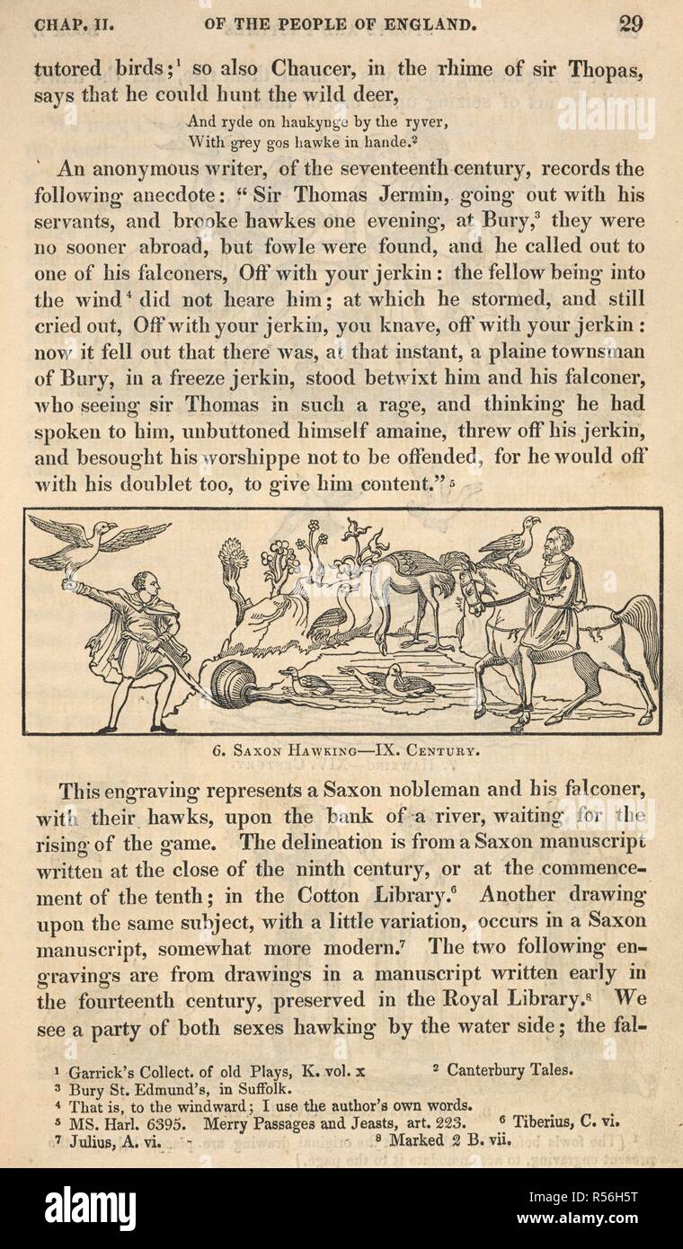 Hawking sassone. Questa incisione mostra un nobile sassone e la sua falconer, con i loro falchi, dalla banca di un fiume in attesa per la salita del gioco. Per lo sport e il divertimento del popolo d'Inghilterra : comprese le zone rurali e ricreazione domestica può giochi, mummeries, mostra, processioni, spettacoli e pomposo occhiali. Londra : William Reeves, 1830. Fonte: W67/6670, pagina 29. Lingua: Inglese. Autore: Strutt, J. Foto Stock