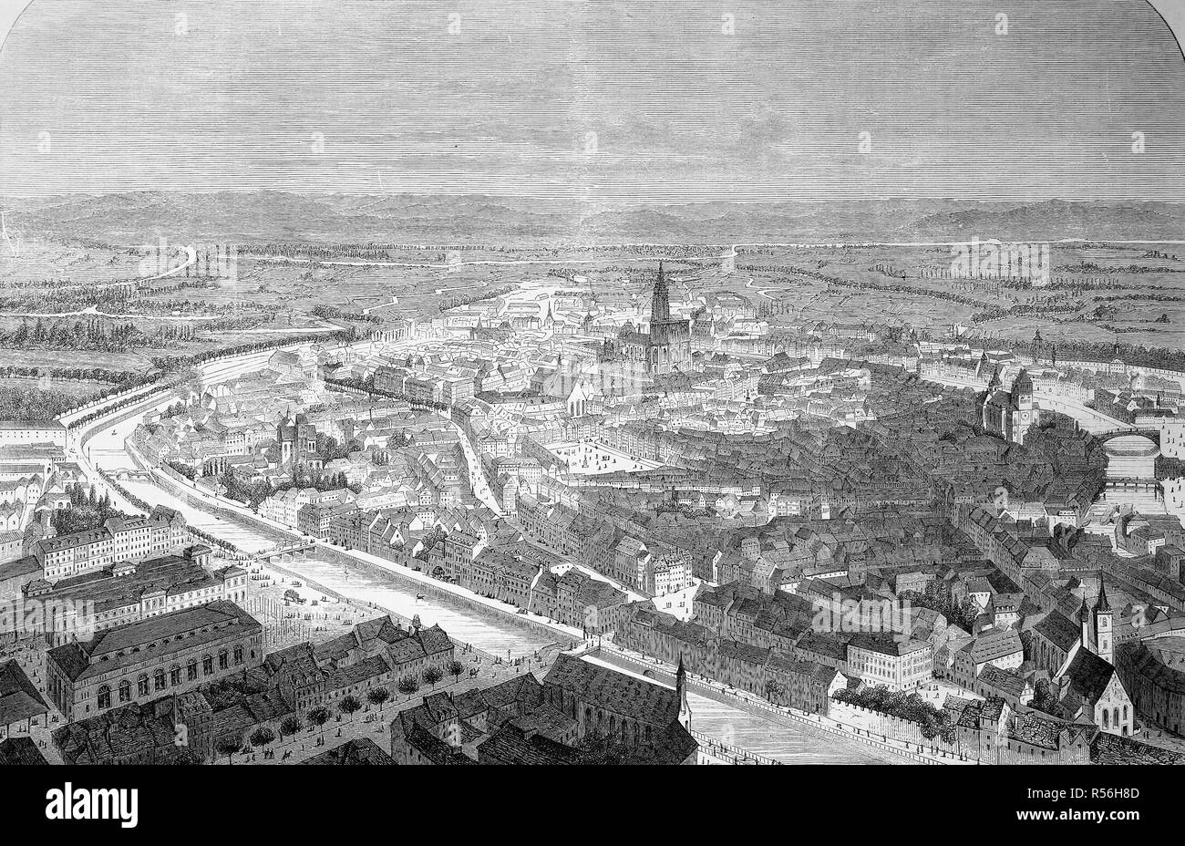 Vista della città di Strasburgo dall'occhio di un uccello, 1870, xilografia, Francia Foto Stock