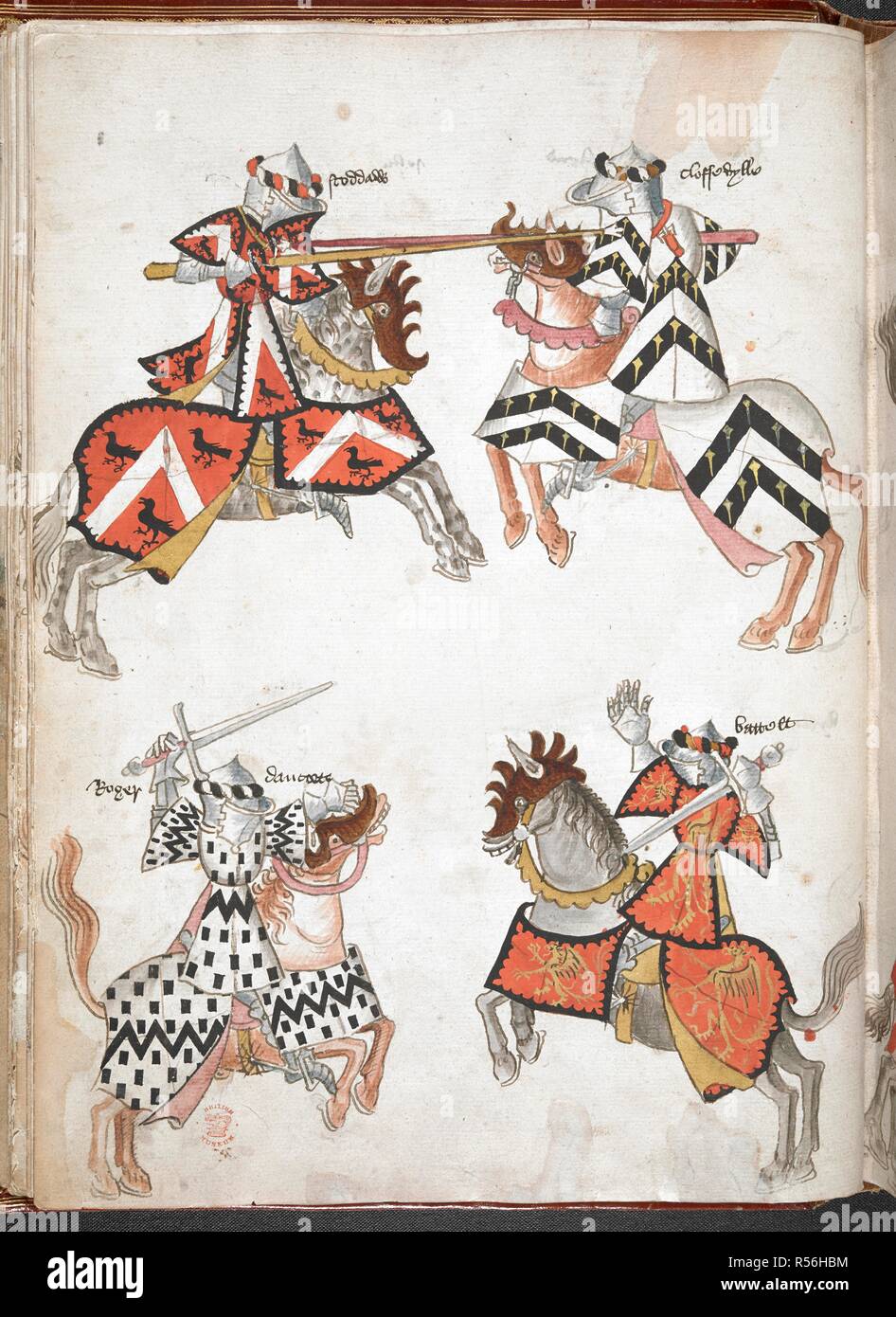 Quattro cavalieri montati, in armatura e tabards, giostre; la coppia superiore il ribaltamento con lance; la coppia inferiore di spada-combattere. 'Sir Thomas Holme il libro delle armi' (SS9-40v è rullo militare di bracci). Inghilterra, probabilmente a Londra, c.1445-1524. Fonte: Harley 4205, f.19v. Foto Stock