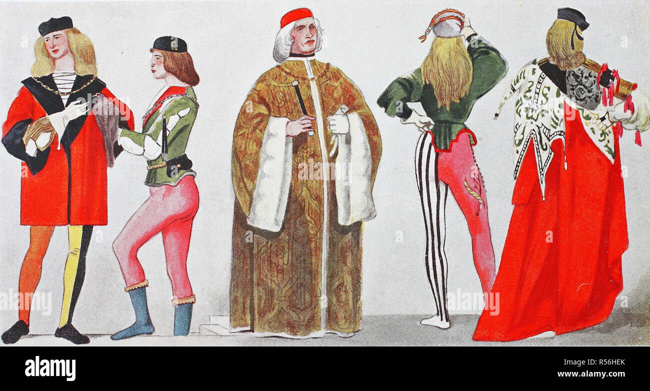 Abbigliamento, la moda in Italia, Venezia, costumi veneziani intorno al 1485, illustrazione, Italia Foto Stock