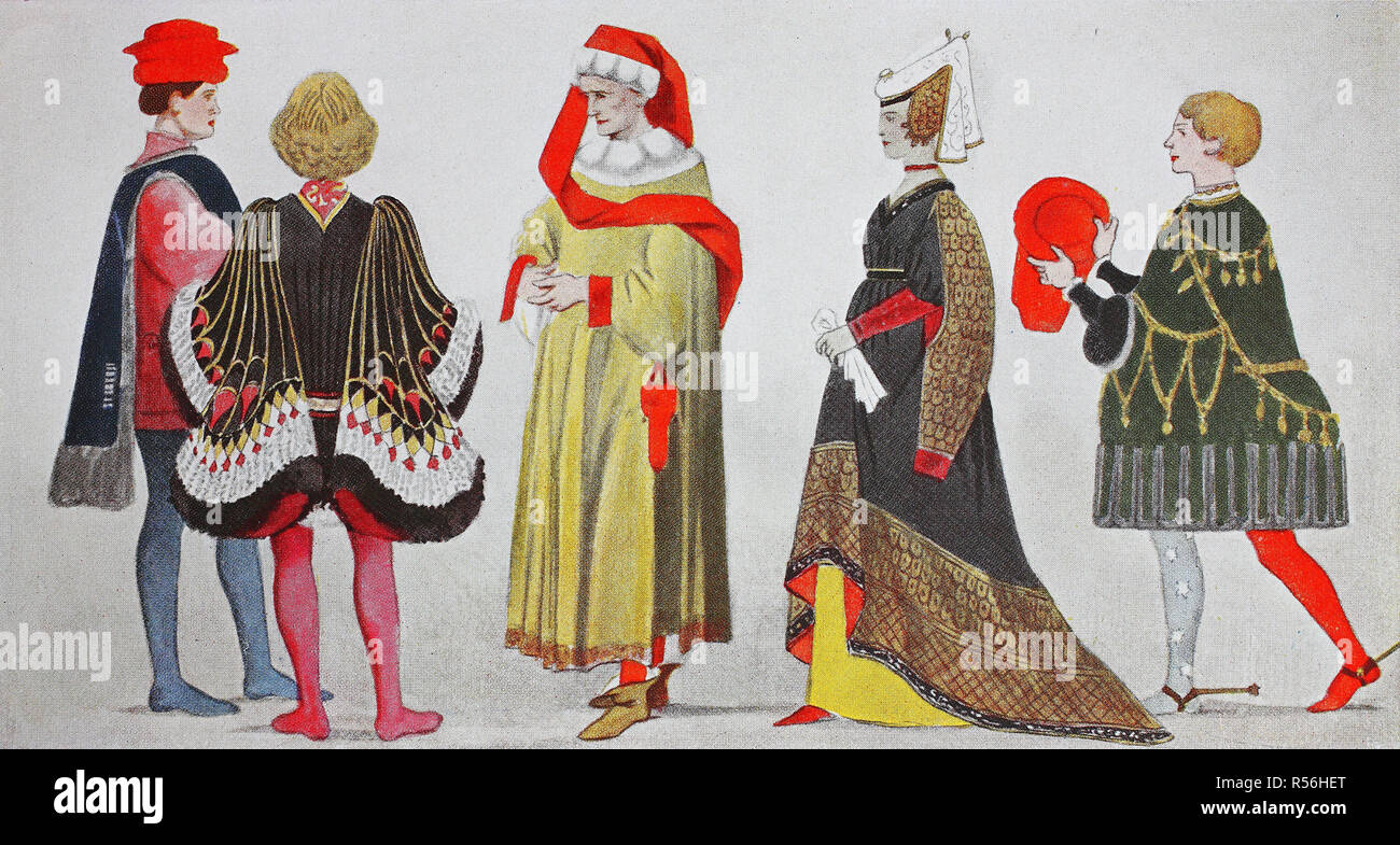 Abbigliamento, la moda in Italia, Superiore Italia, intorno al 1435-1440, illustrazione, Italia Foto Stock
