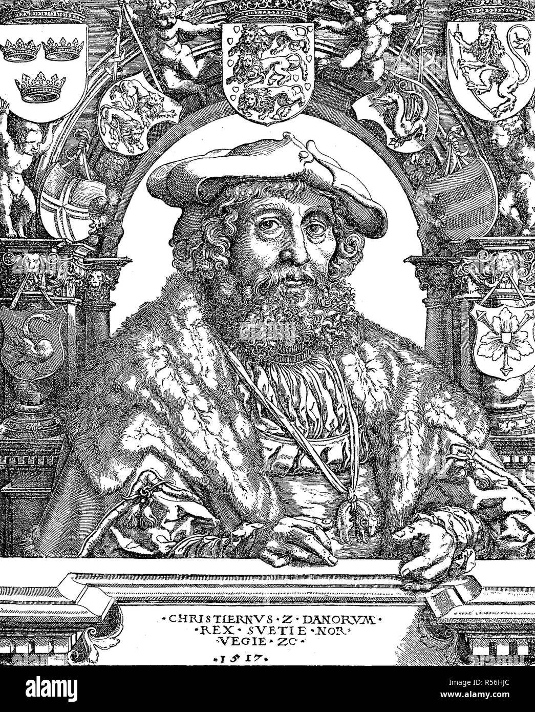 Christian II., 1 luglio 1481, 25 gennaio 1559, fu re di Danimarca e Norvegia, xilografia, Norvegia Foto Stock