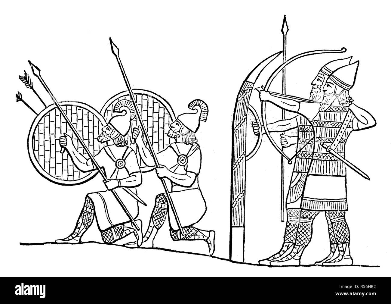 Falange assira davanti le mura di una città assediata, dal palazzo di Ashurbanipalreliefs, 1870, xilografia, Iran Foto Stock