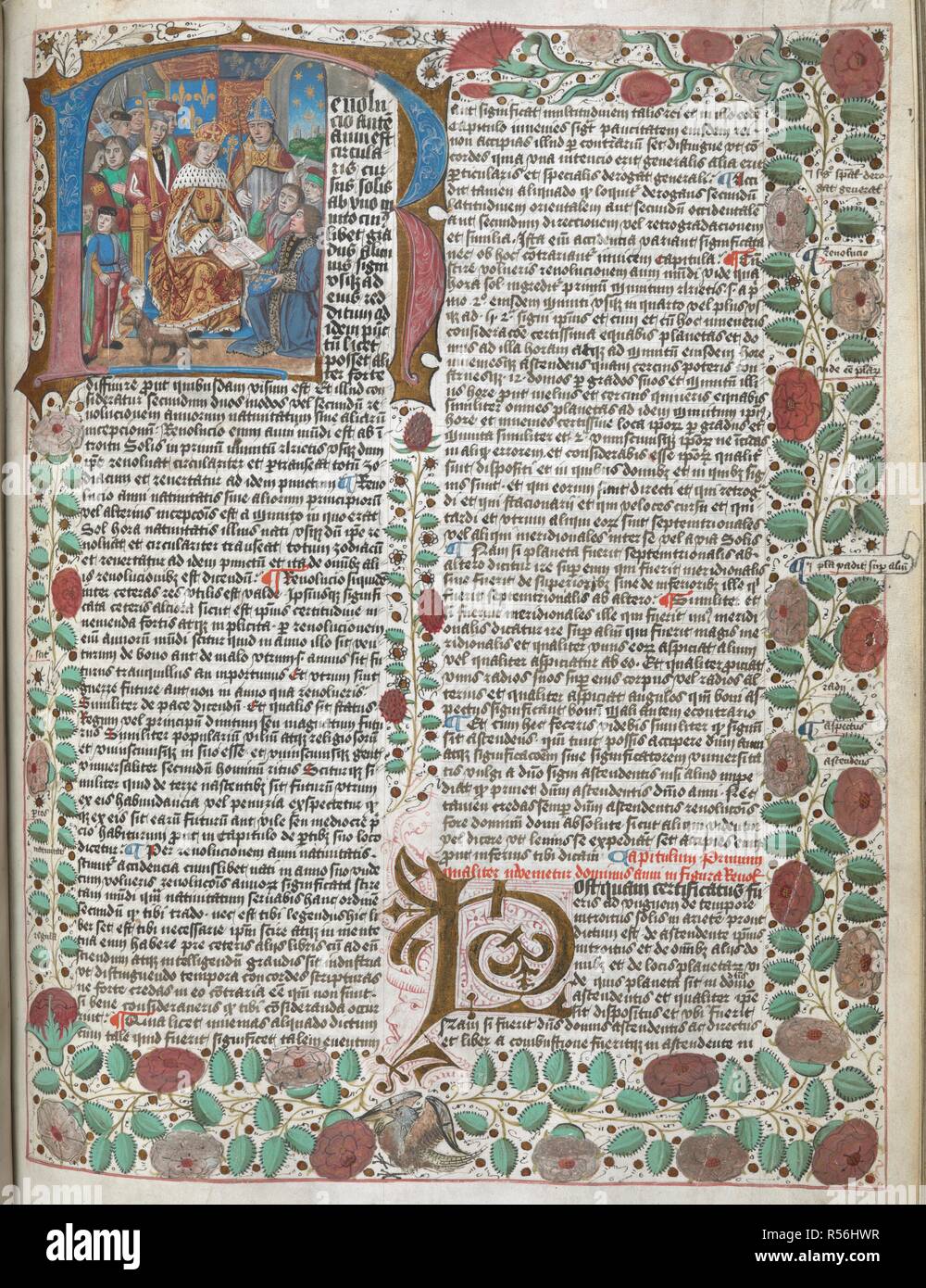 Historiated iniziale con la presentazione di un libro di testo astrologico di re Enrico VII, con il vescovo e il presentatore del libro rivolta verso le stelle. Un illuminato iniziale 'P'(ost) e floreali di confine di dispersione con un uccello nel margine inferiore, all'inizio del Tractatus de revolutionibus di Guido Bonatti il Liber . Almagesto (estratto), il Liber Astronomiae, Liber Arenalis, astronomico e tabelle geomantic, politico profezie. Inghilterra, S. E. (Londra); 1490. Fonte: Arundel 66, f.201. Lingua: Latino e francese. Autore: Giovanni Killingworth, Tolomeo, Guido Bonatti, e Platone di Tivoli. Foto Stock