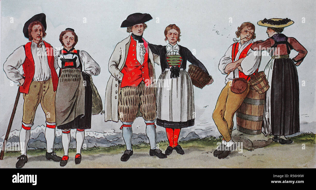 Persone in costumi tradizionali, moda, costumi, abbigliamento in Svizzera,  intorno al 1804, illustrazione, Svizzera Foto stock - Alamy