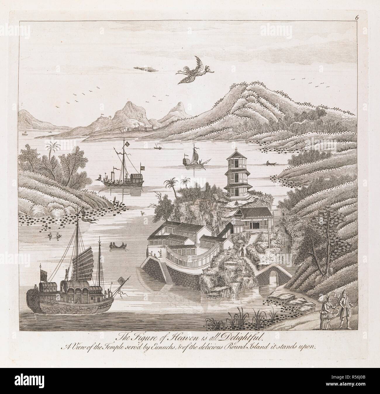 Una vista di barche e navi a vela su un lago o fiume, con due uomini e un uccello in piedi davanti a un gruppo di edifici tra cui edifici del cortile e una pagoda impostato tra le formazioni rocciose su un promontorio murato in primo piano. Un paesaggio roccioso nella distanza; un grande uccello volare al di sopra. La figura del cielo è tutto delizioso : una vista del tempio serv'd da eunuchi & della deliziosa isola rotonda sorge su. [Londra] : [stampate per e venduto da Thomas Bowles, Giovanni Bellini, e il figlio Robert Sayer e Henry Overton], [1753]. attacco e incisione. Fonte: Mappe 7.tab.73, la piastra 6. Lingua: ita Foto Stock