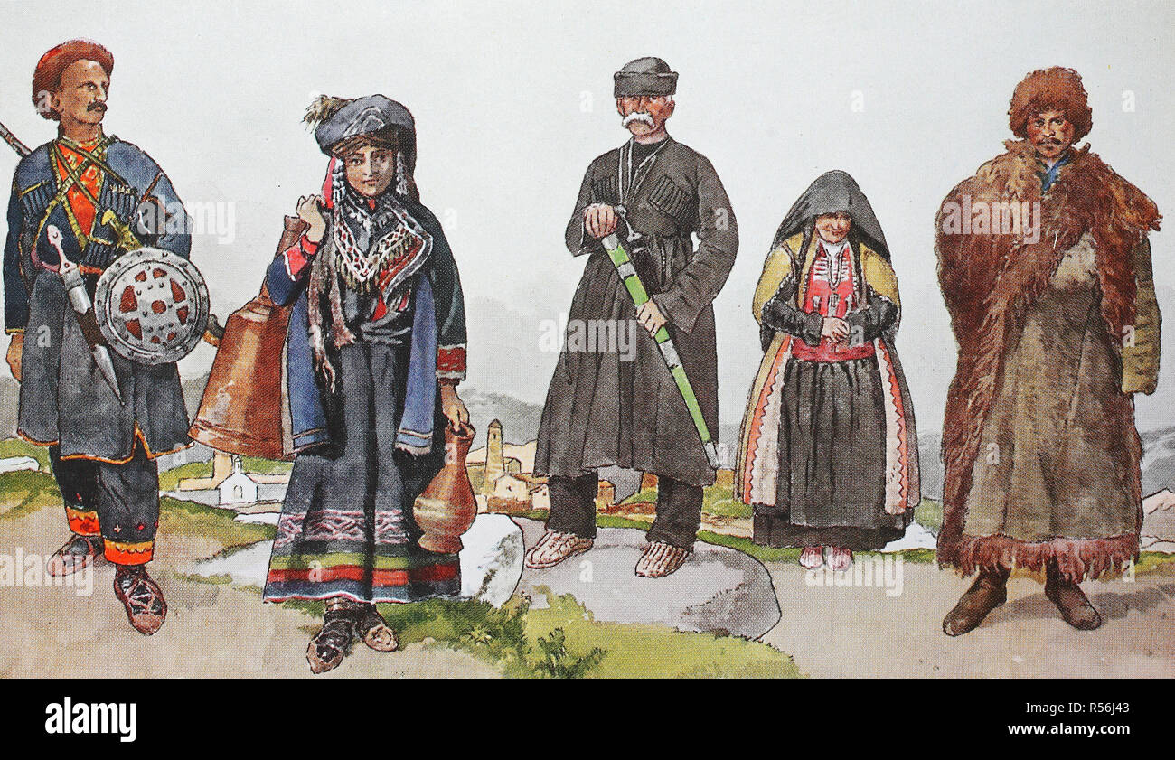 Moda, costumi storici, abbigliamento dei montanari del Caucaso, illustrazione, Caucaso Foto Stock