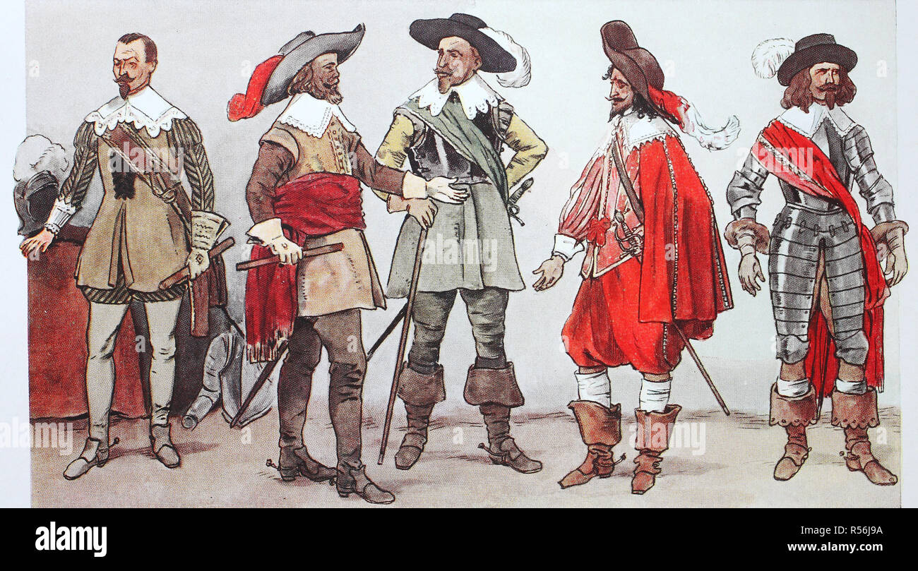 La moda, abbigliamento in Europa, costumi di guerra della Guerra dei Trent anni intorno al 1630-1635, illustrazione, Germania Foto Stock