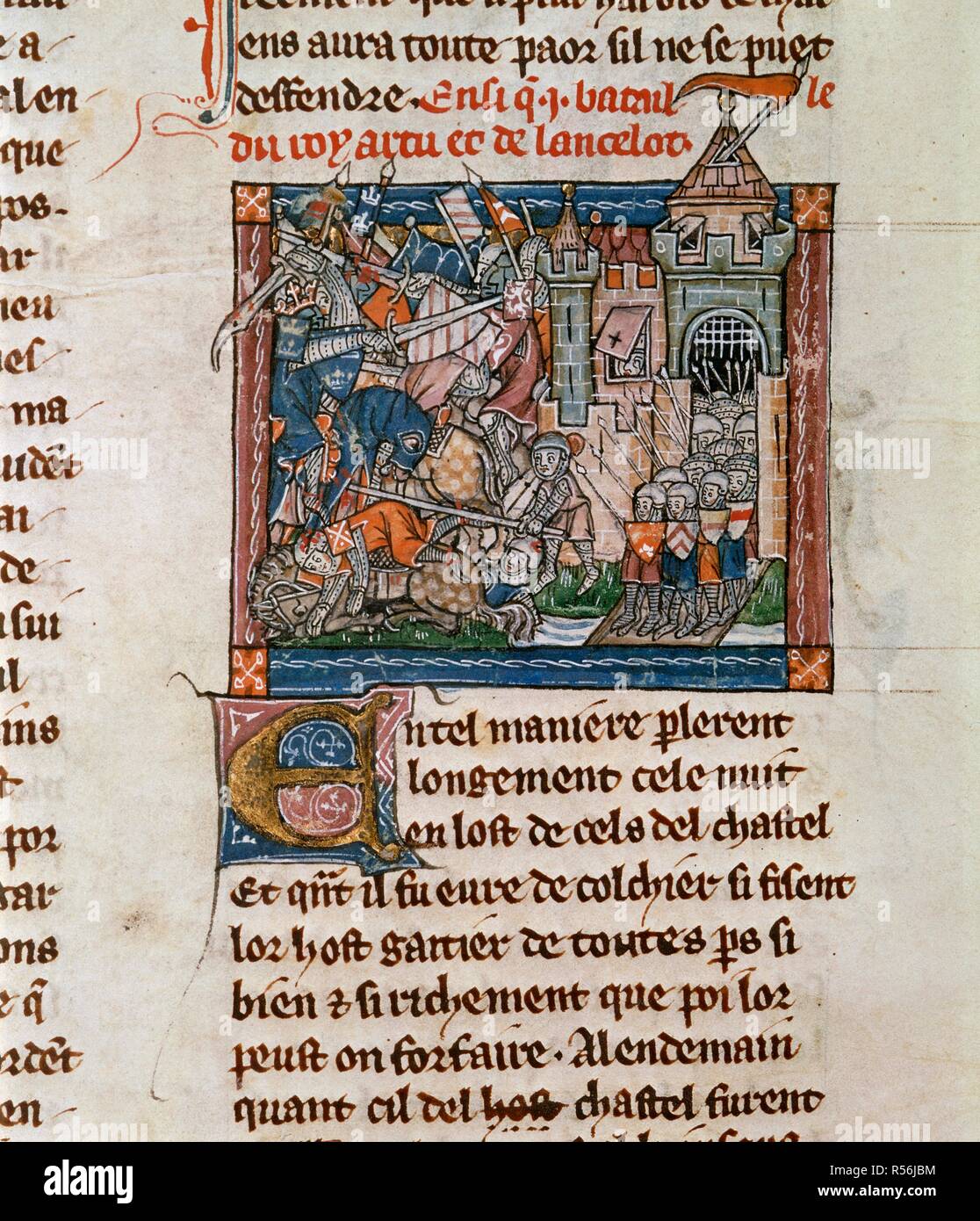 Battaglia prima Joieuse Garde. La Mort le Roi Artus. Francia; circa 1316. (Miniatura e testo) battaglia tra gli eserciti di Re Artù e la Lancelot prima del castello di Joieuse Garde immagine presa da La Mort le Roi Artus. Originariamente pubblicato/prodotti in Francia; circa 1316. . Fonte: Aggiungi. 10294, f.74v. Lingua: Francese. Foto Stock