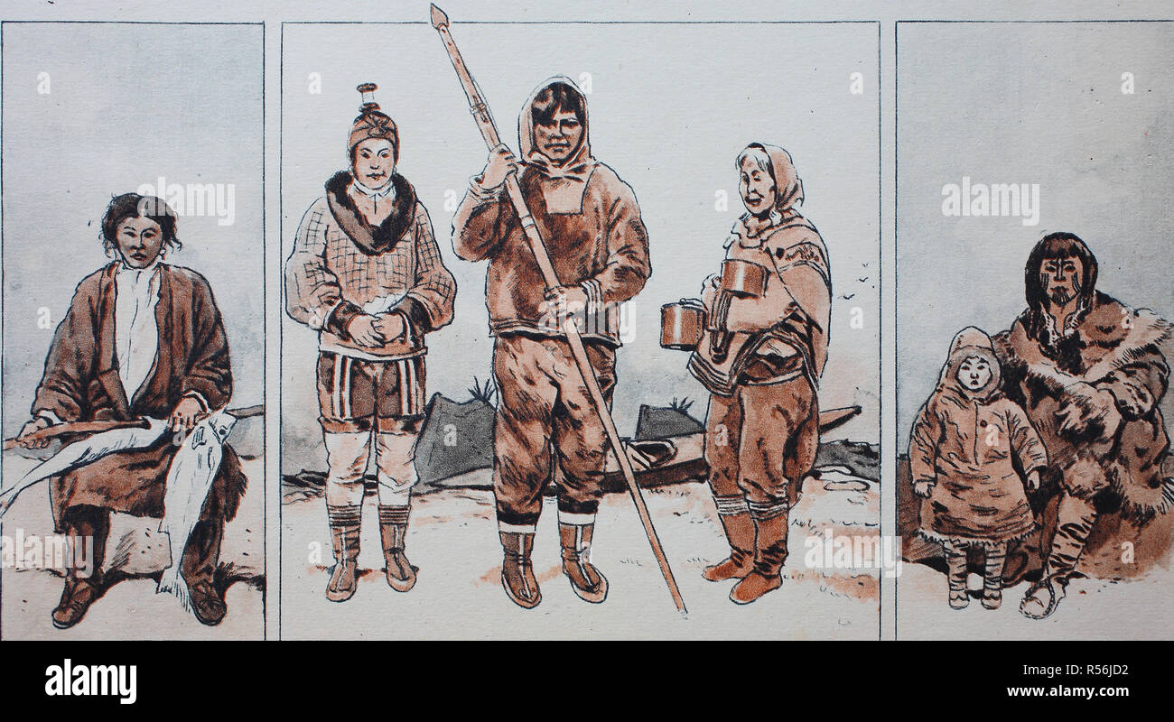 Abbigliamento di moda gli eschimesi, popoli più settentrionale nella storia moderna, illustrazione, la Groenlandia Foto Stock