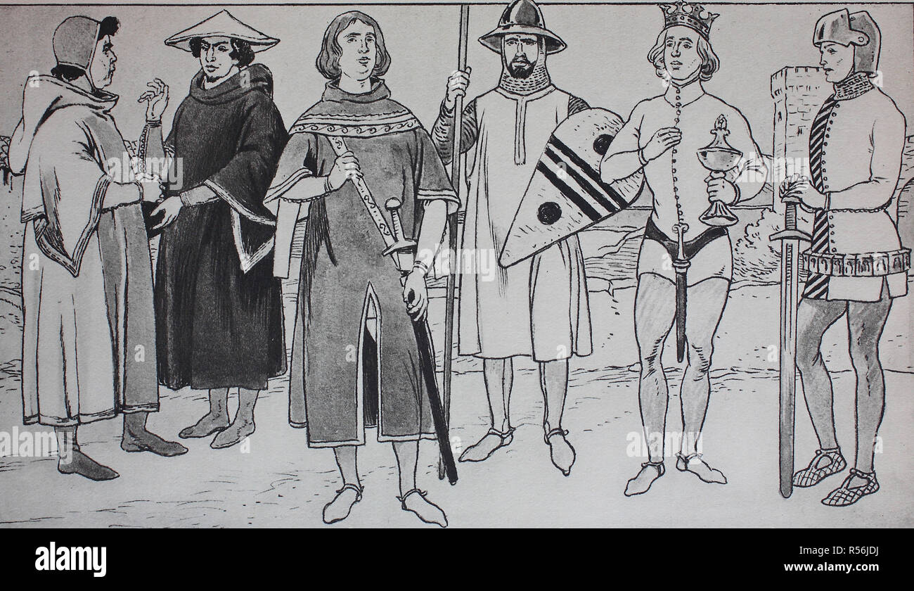 Moda, abbigliamento storico in Spagna nel Medioevo, XIII, XIV secolo, illustrazione, Spagna Foto Stock