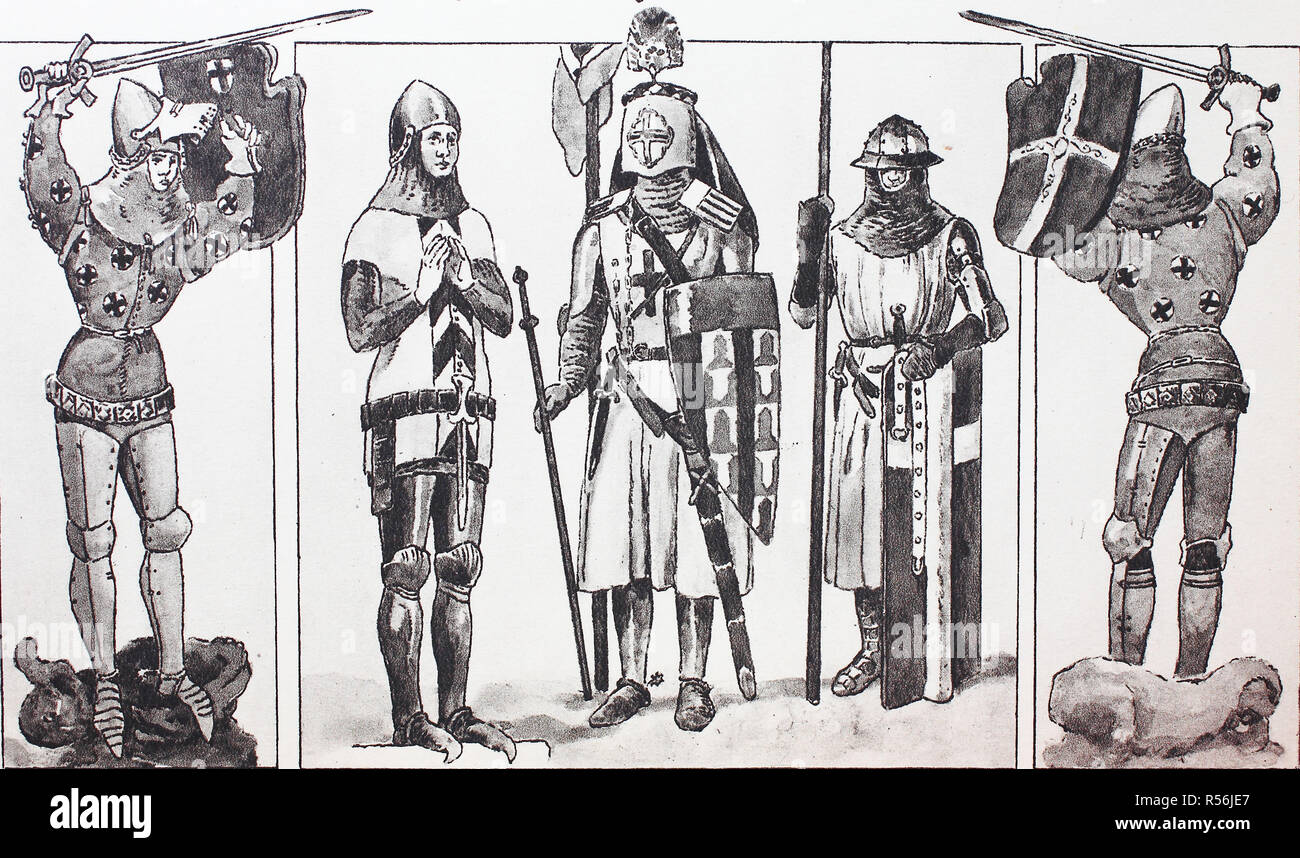 Moda, abbigliamento storico, Burgundian cavalieri nel XIV secolo, xilografia, Francia Foto Stock