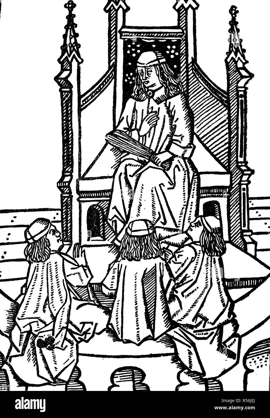 Insegnante con 3 alunni, xilografia dal?Opusculum quintupartitum grammaticale, 1446, Italia Foto Stock