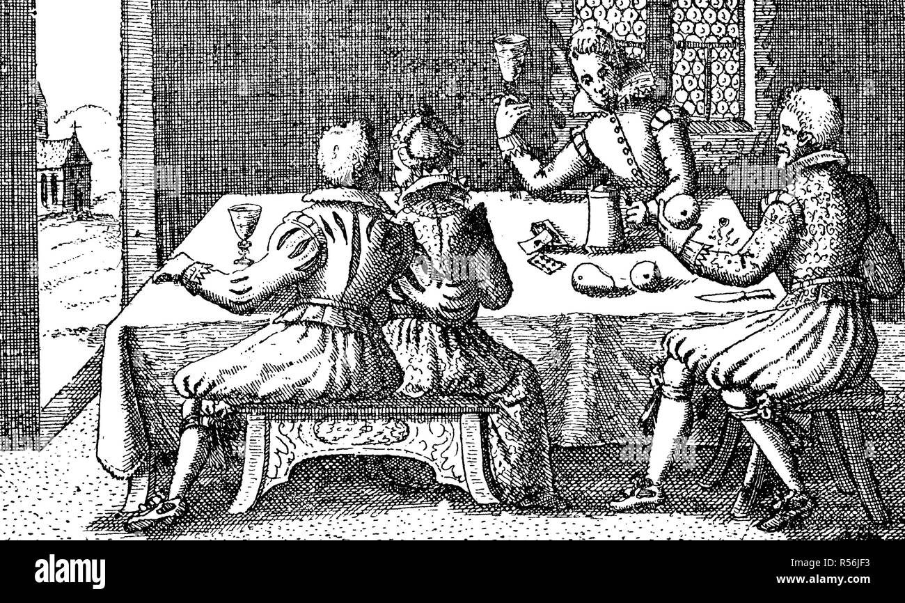 Gli studenti al partito, 1610, xilografia, Inghilterra Foto Stock