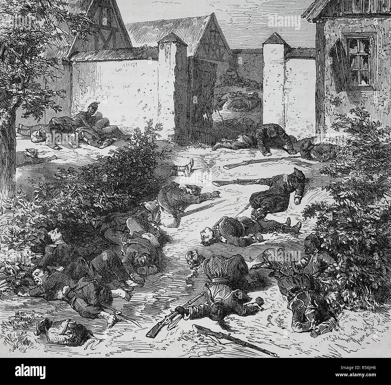 Soldati morti di fronte all'entrata del castello Schafenburg sul Gailsberg, guerra franco-prussiana o guerra franco-tedesco Foto Stock