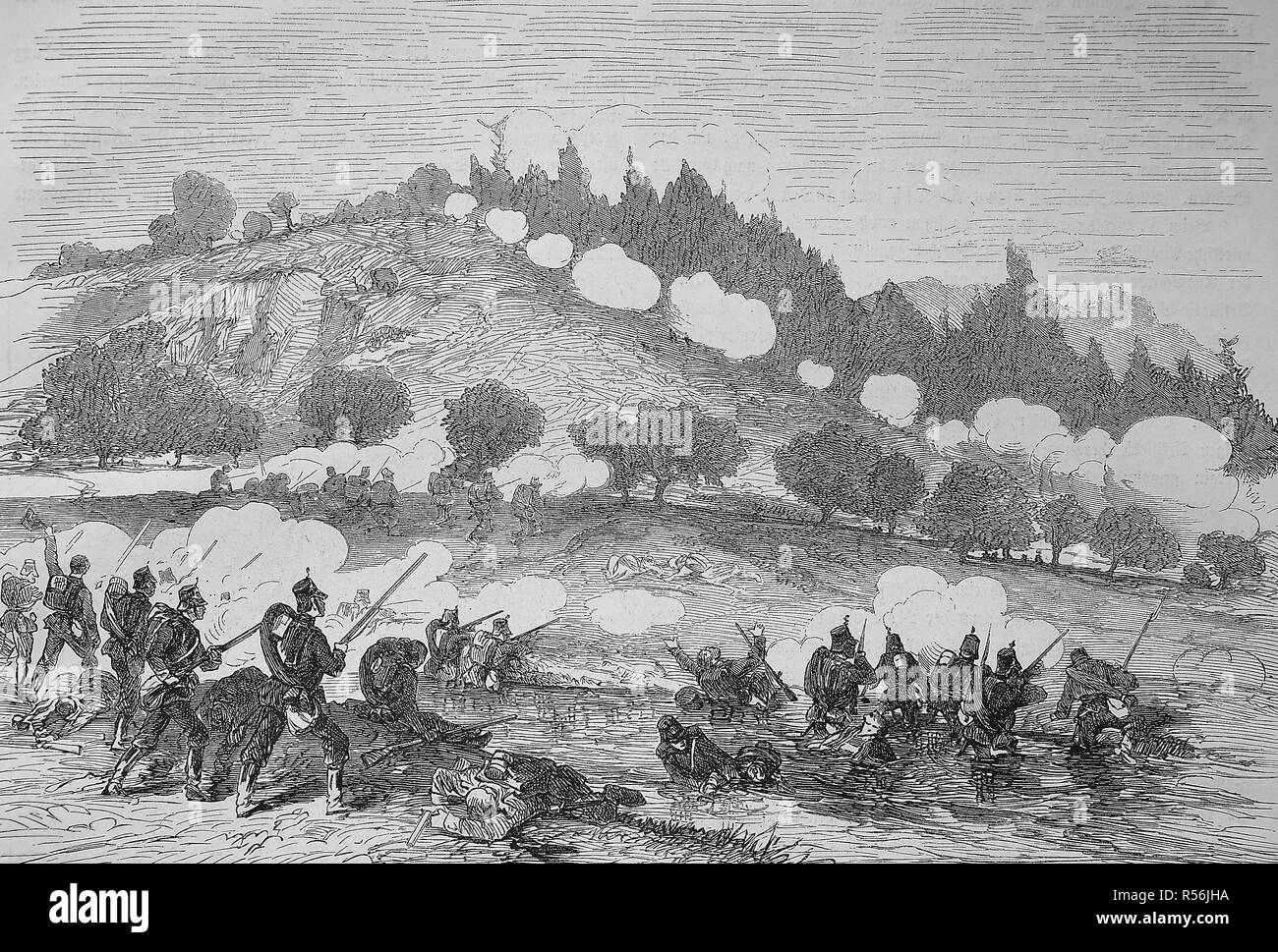 Xi Nord tedesco figther battaglione nei pressi di Wörth, guerra franco-prussiana o guerra franco-tedesca 1870/1871, xilografia, Francia Foto Stock