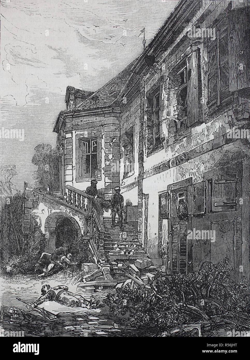 Soldati morti e il castello demolito Schafenburg sul Gaisberg vicino a Heidelberg dopo la storming, guerra franco-prussiana o Foto Stock