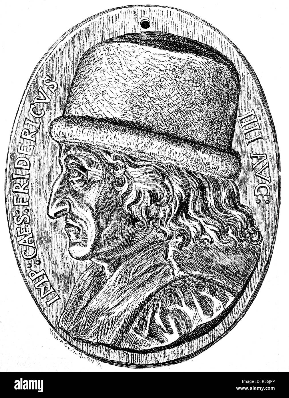 Medaglione ritratto dell'imperatore Federico III., Settembre 21, 1415, 19 agosto 1493, nel Museo Germanico di Norimberga, la xilografia Foto Stock