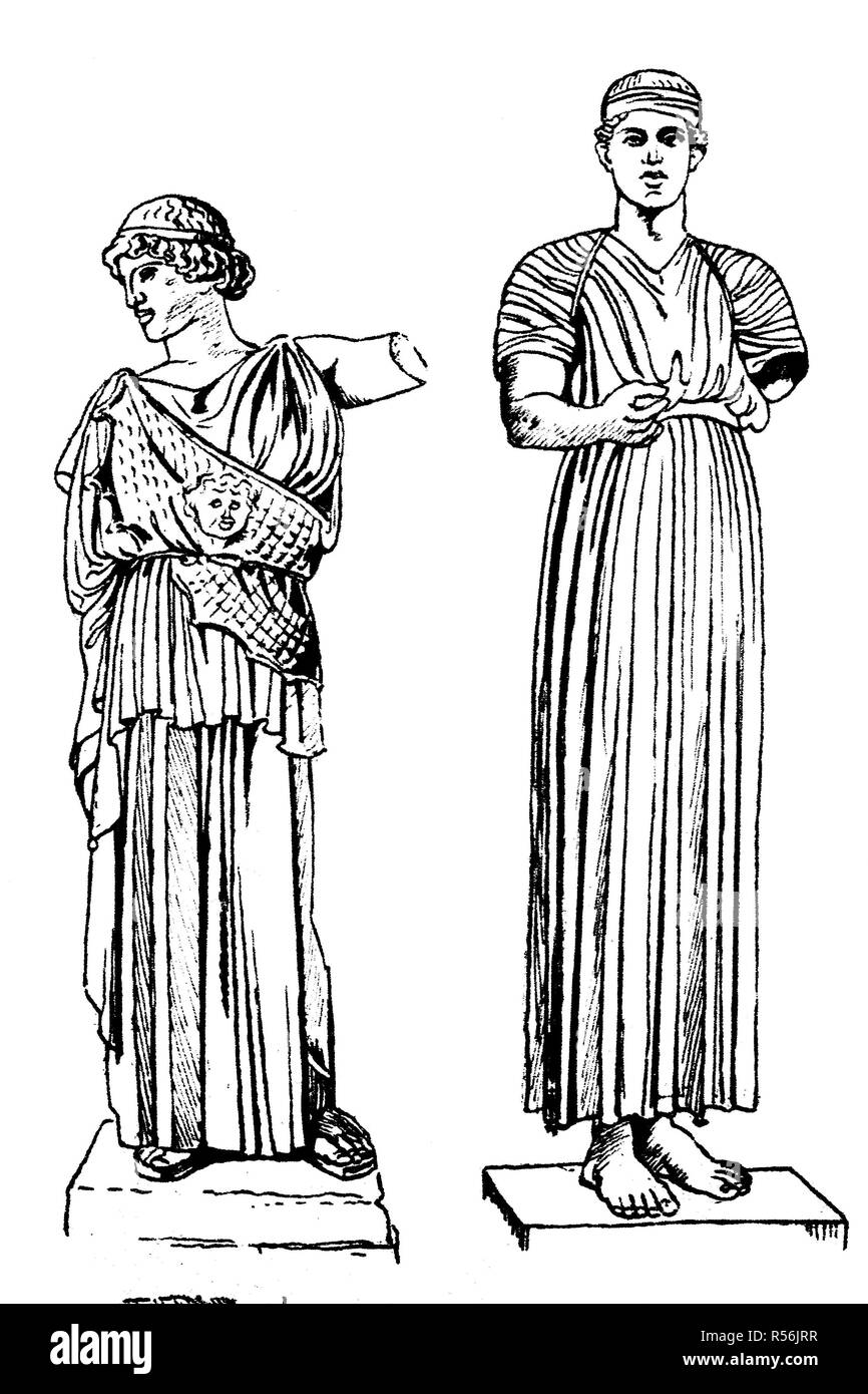 La moda, abbigliamento in Grecia, apice 5th-4secolo BC, a sinistra la Pallade Atena nelle femmine di spotting, sopra l egida, il Foto Stock