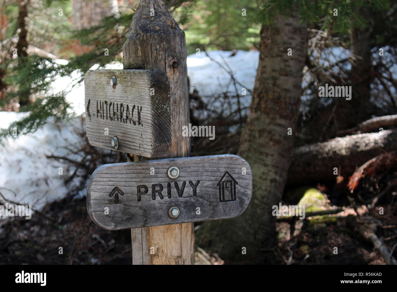 Un privato in legno e hitchrack cartello sulla Wild Bacino Trail nel Parco Nazionale delle Montagne Rocciose, Colorado, STATI UNITI D'AMERICA Foto Stock