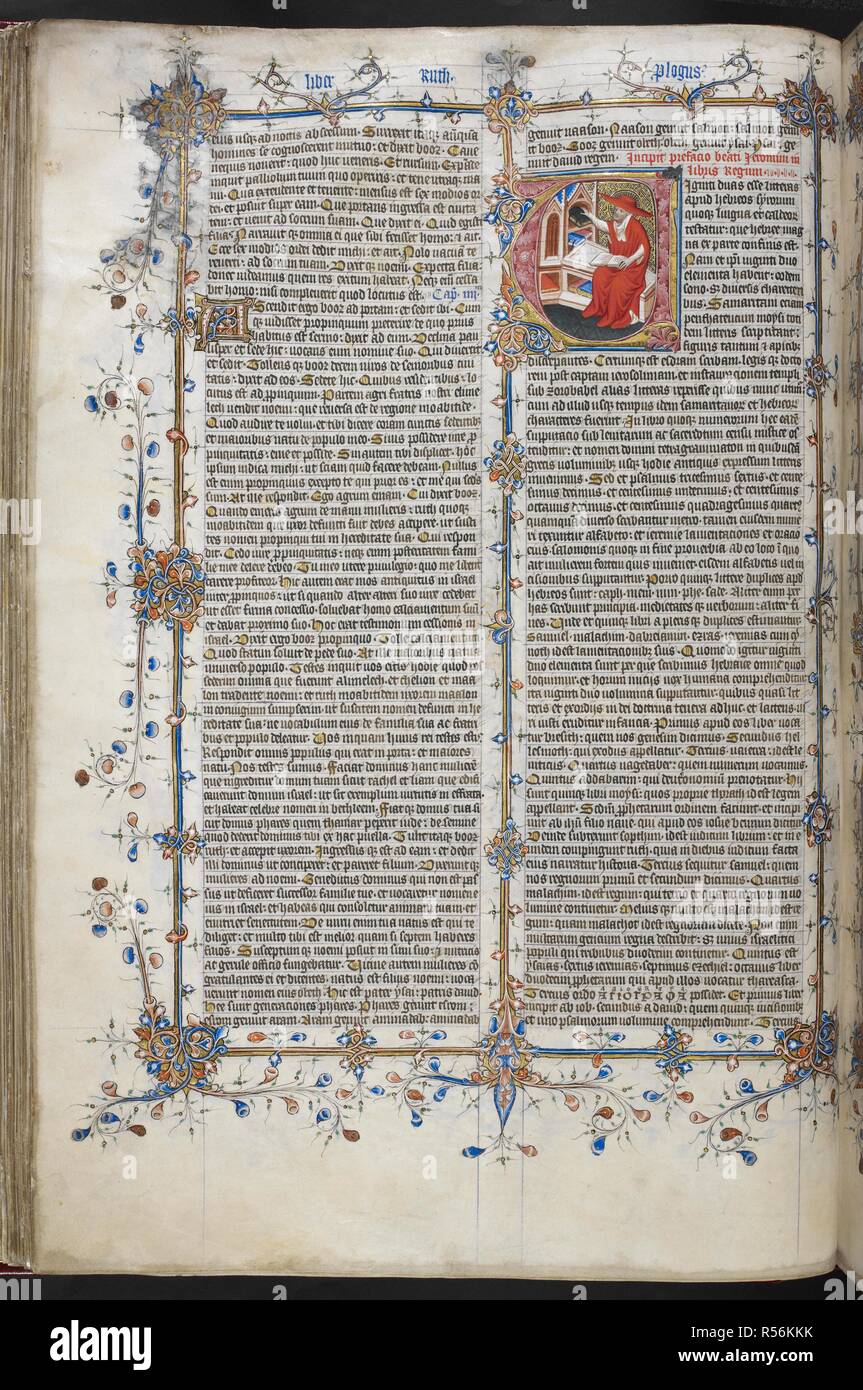 Historiated iniziale 'V'(iginti) di Girolamo . La Bibbia (il 'Big' o 'Grande Bibbia"), con il Vangelo di Nicodemo e l'interpretazione dei nomi ebraico. Inghilterra, S. E. (Londra?); primo quarto del XV secolo. Fonte: Royal 1 E. IX, f.63v. Lingue: Latina. Foto Stock