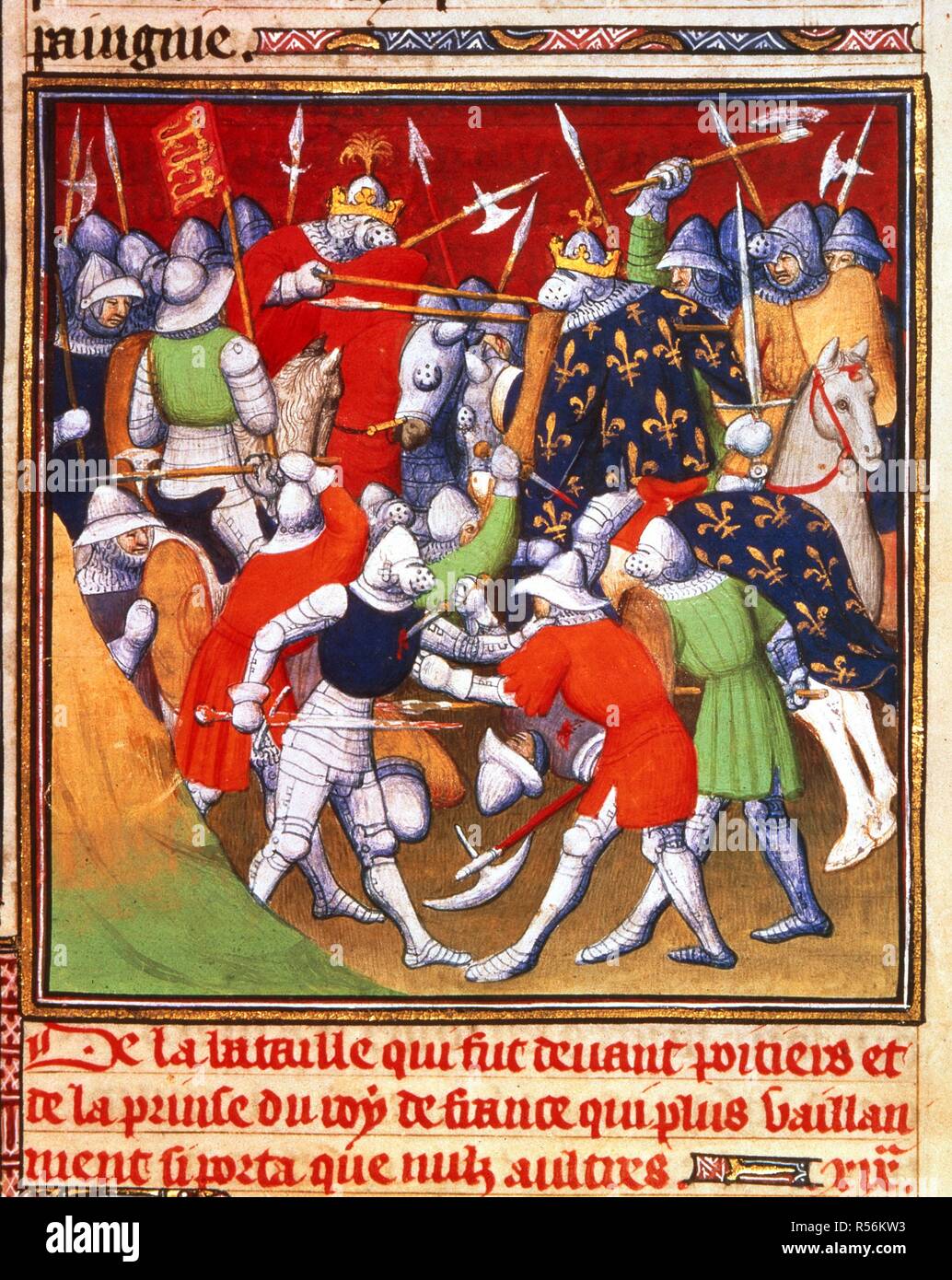 Battaglia di Poitiers. Grandes Chroniques de France. Circa 1415. (Miniatura) La Battaglia di Poitiers tra la versione inglese e francese in 1356. Immagine presa da Grandes Chroniques de France. Originariamente pubblicato/prodotto in circa 1415. . Fonte: cotone nero E. II pt.2, f.166. Lingua: Francese. Autore: Workshop di Boucicaut Master. Foto Stock