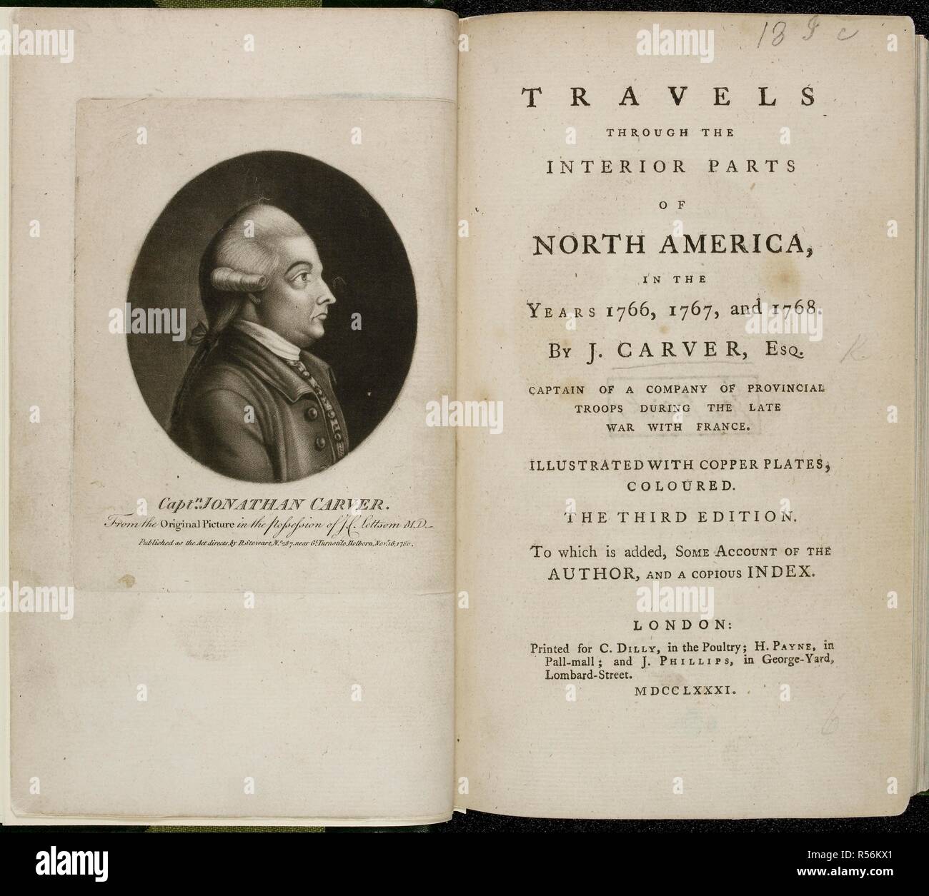 Ritratto del capitano Jonathan Carver (1710 â€" 1780). American explorer e scrittore. Viaggia attraverso le parti interne del Nord America, negli anni 1766, 1767 e 1768 [con mappe.]. Londra : C. Dilly, 1781. Ritratto. Explorer. Fonte: 980.i.28 Frontespizio & pagina del titolo. Lingua: Inglese. Autore: Carver, Cap. Jonathan. Foto Stock