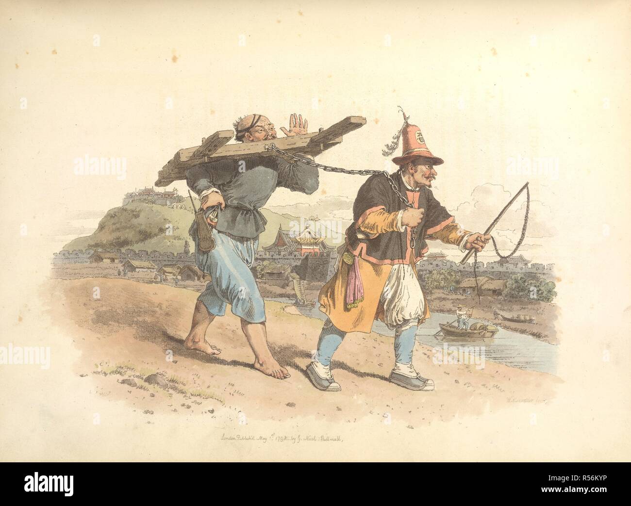 La punizione del Cangue. Il Costume di Cina. Illustrato nelle quarantotto c. William Miller: Londra, 1805. La descrizione nel libro afferma che un Tcha (noto agli europei come un Cangue) è un pesante tablet o collare di legno, indossato come una punizione, il peso e la durata usurati, a seconda della grandezza della criminalità. Il prigioniero è stato portato su una catena, da un assistente di magistrati, ad una porta di una città o di un qualsiasi luogo frequentato dal popolino, dove egli è esposto per il giorno di derisione. Quando si è liberato viene sconfitto con un bastone di bambù. Immagine presa dal costume di Cina. Illustrato nelle f Foto Stock