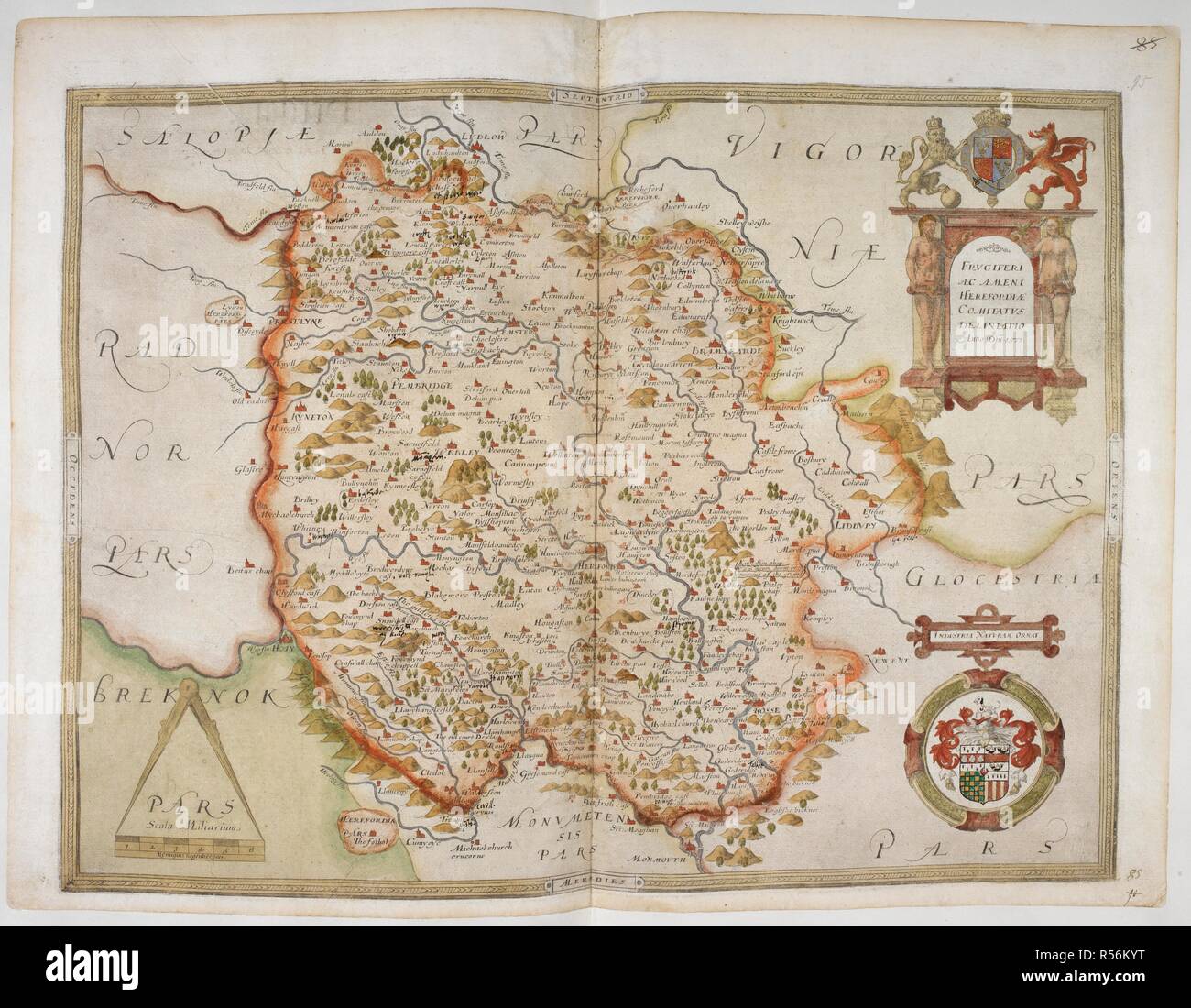 Mappa di Herefordshire, 1577. Signore Burghley del Atlante. Mappe delle contee di Inghilterra e Galles, stampato e colorato; dai disegni del Christopher Saxton. Inghilterra [Londra], 1579. SAXTON'S SAXTON. Fonte: Royal 18 D. III f.95. Lingua: Inglese. Foto Stock