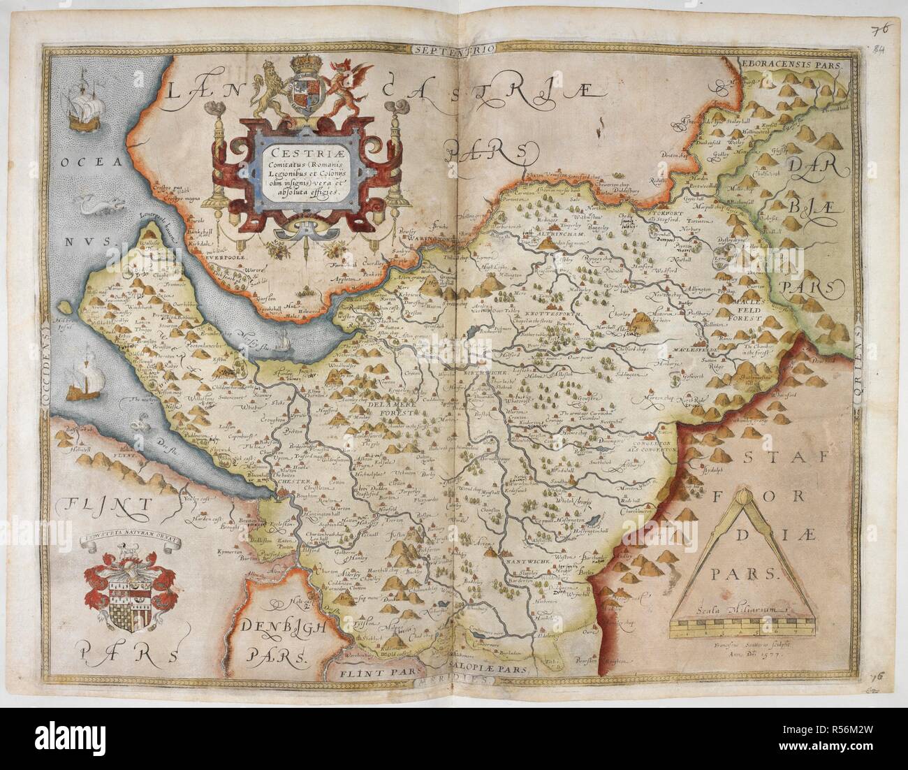 Mappa di Cheshire. Signore Burghley del Atlante. Mappe delle contee di Inghilterra e Galles, stampato e colorato; dai disegni del Christopher Saxton. Inghilterra [Londra], 1579. Fonte: Royal 18 D. III f.84. Lingua: Inglese. Foto Stock