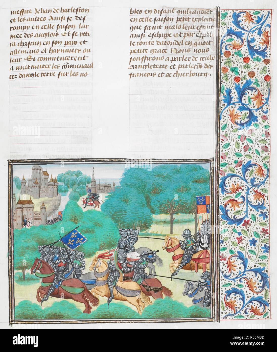 La cattura di Olivier du Guesclin, durante l'assedio di Cherbourg, 1378-9. Chroniques. Paesi Bassi, S. ultimo quarto del XV secolo, prima del 1483. Fonte: Royal 18 E. I f.48. Lingua: Francese. Autore: FROISSART, JEAN. Foto Stock